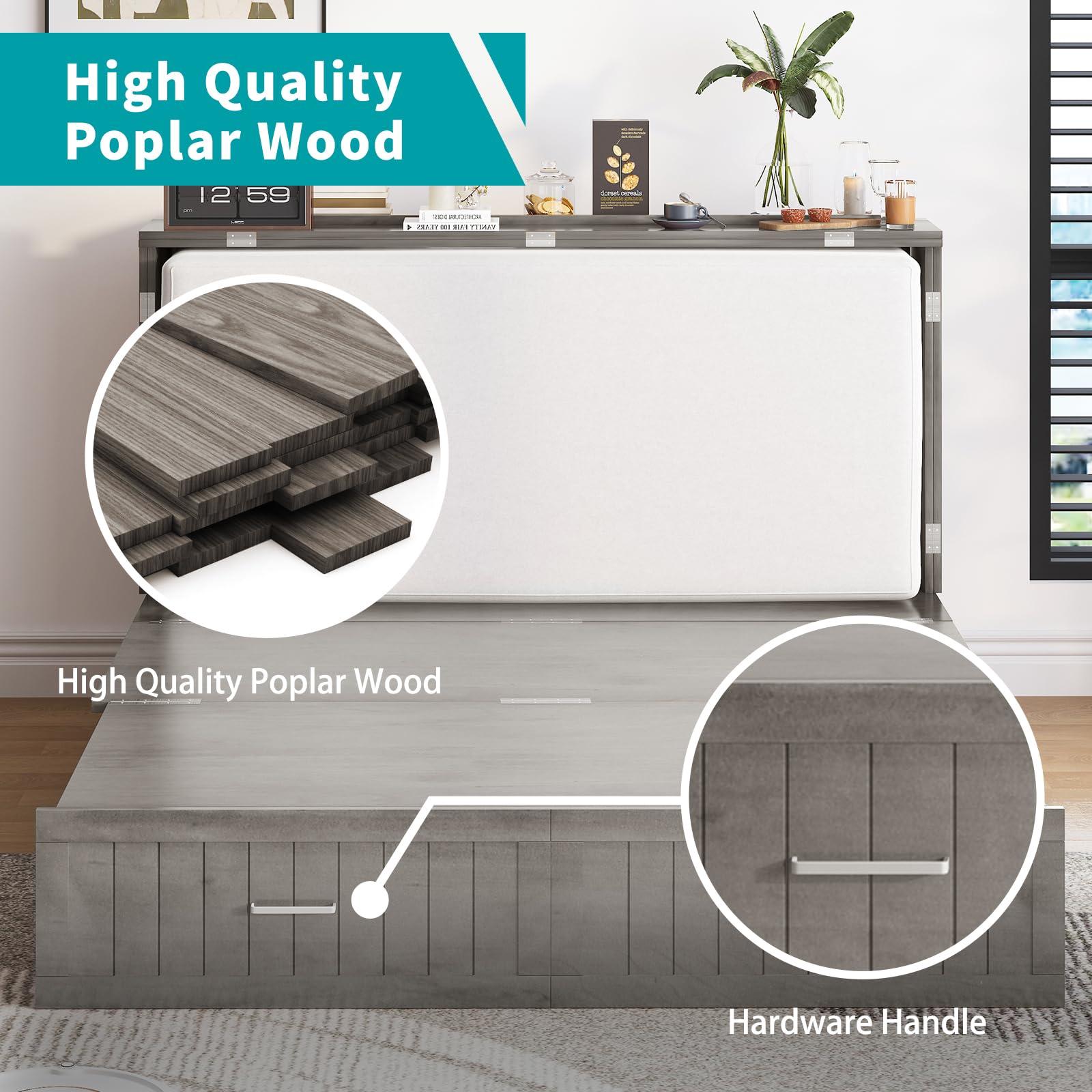 BALUS BALUS 64\" W Murphy Bed Cabinet with Mattress,Murphy Bed Queen,Modern Muti-Functional Cube Cabinet Bed 2 Large Drawers&3 Level Folding Foam Mattress for Living Room/Apartment/Loft (Stone Grey)