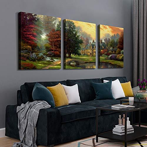 Denozer Denozer - 3 Panels Canvas Wall Art Thomas Kinkade Garden Landscape Oil Painting for Home Decor Stretched and Framed Ready to Hang - 18"x24"x3 Panels Wall Decor