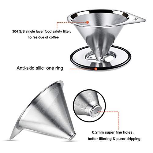 LHS LHS Pour Over Coffee Dripper Stainless Steel Coffee Filter Metal Cone Filter Paperless Reusable Coffee Filter Single Cup Coffee Maker 1-2 Cup With Non-slip Cup Stand and Cleaning Brush