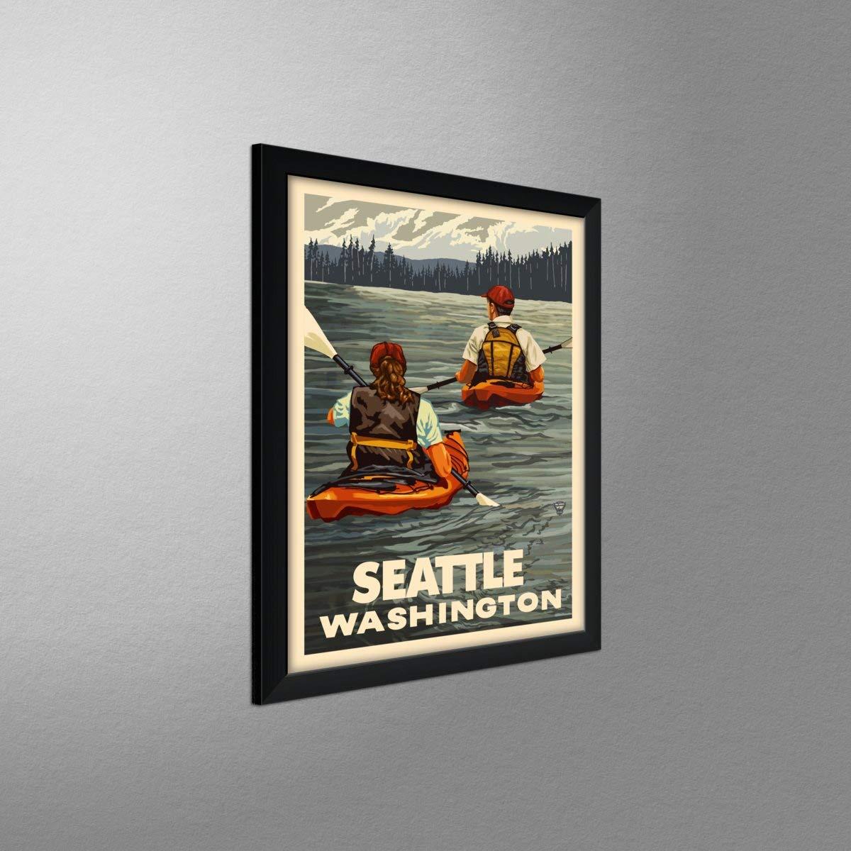Northwest Art Mall Seattle Washington Kayakers Professionally Framed Art Print from Travel Artwork by Artist Paul A. Lanquist Framed Art Size: 20\" x 26\"