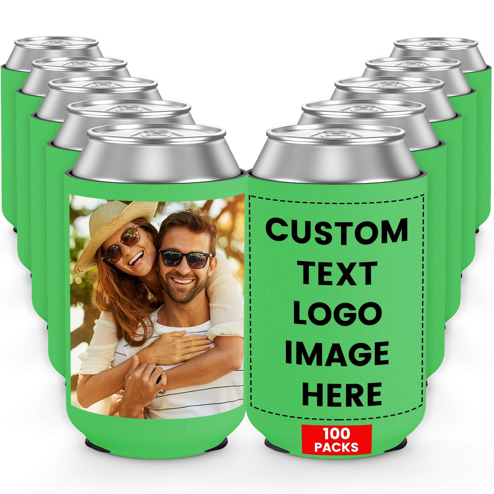 HooAMI Custom Can Cooler Sleeve Bulk 100pcs Neoprene Insulated Beer Can Sleeves for Soda, Beer & Water Bottles - Collapsible Can Coolers for Party Beverage DIY Customizable Weddings Gifts