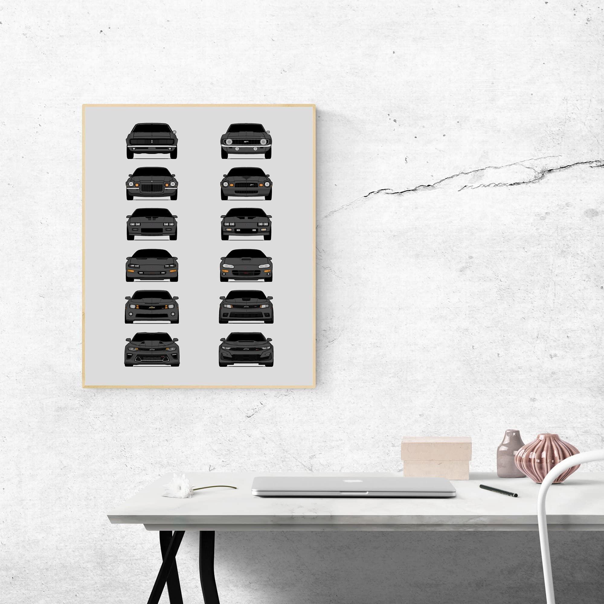 Custom Car Posters Custom Car Posters History of Chevy Camaro Generations and Handmade Print of Camaro from 1967 to Present - Dark Grey, 24x36\" Metallic Print (Unframed) - Gift for Car Enthusiast