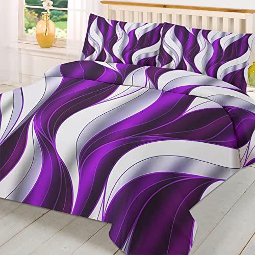 OComster Full Size Duvet Cover Set, Purple and White 3 Pieces Bedding Comforter Sets, Ombre Geometric Wave Stripe Abstract Art 86\" x 86\" Quilt Cover and 2 Pillow Sham