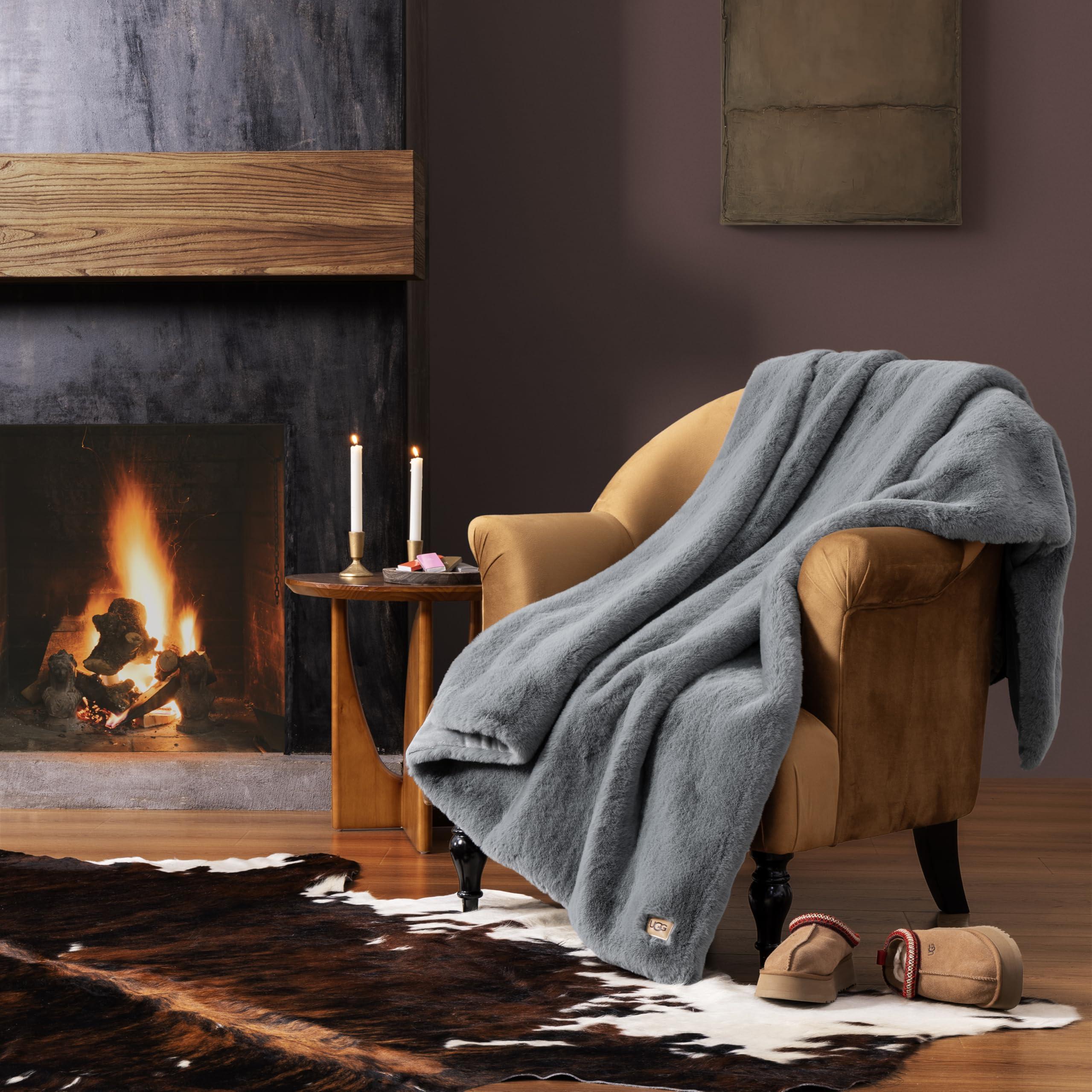 UGG UGG 11069 Euphoria Plush Faux Fur Reversible Throw Cozy Fuzzy Fluffy Blanket for Couch Bed Hotel Style Luxury Machine Washable Home Decor Luxurious Soft Throws for Sofa, 70 x 50-Inch, Chambray