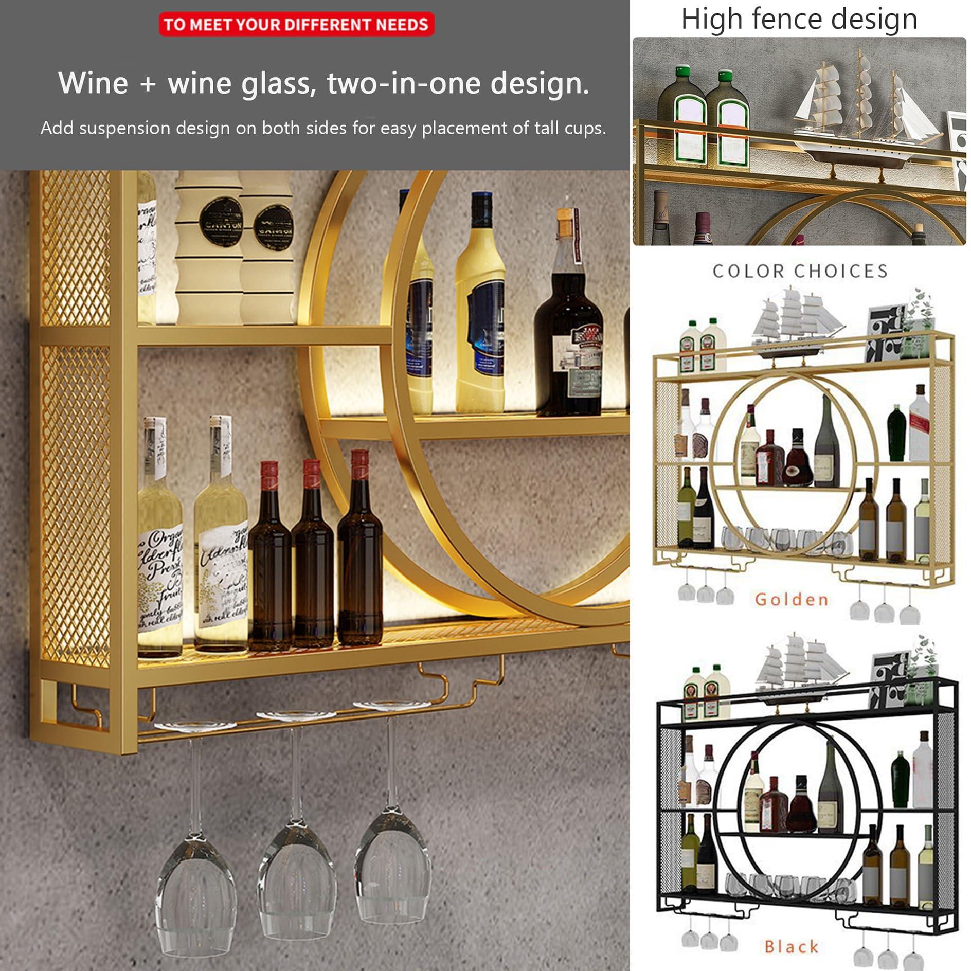 Leaceuv Wall Mounted Wine Rack,Wall Mount Wine Racks for Wine Bottles,Hanging Wine Glass Rack Industrial Storage Holder,Floating Shelves with Stemware Hanger,Plants Wine Display,for Kitchen Dining Room Bar (