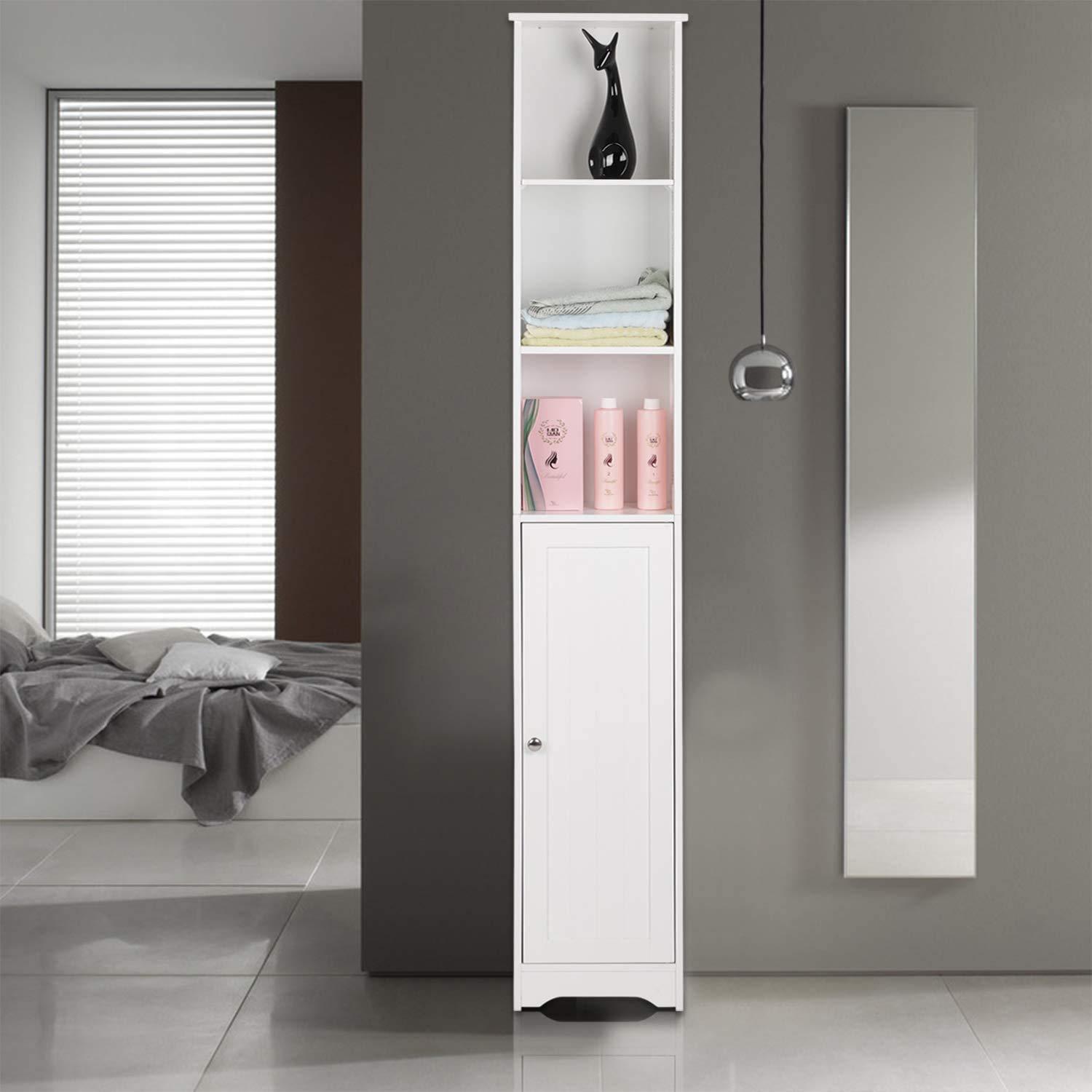 samanoya samanoya Bathroom Storage Cabinet,Tall Linen Cabinet with Door and Shelves,Slim Freestanding Linen Tower,Multifunctional Narrow Side Floor Organizer for Small Spaces,White