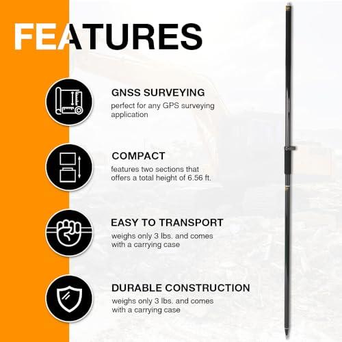 Mountlaser Mountlaser Carbon Fiber 2M 2Section Survey Pole, GPS Rover Rod 6.5FT/2M 2Sections Design for Land Surveying & Engineering RTK GPS/GNSS Accessory Includes Level Vial & Carrying Bags (GLS22-B)