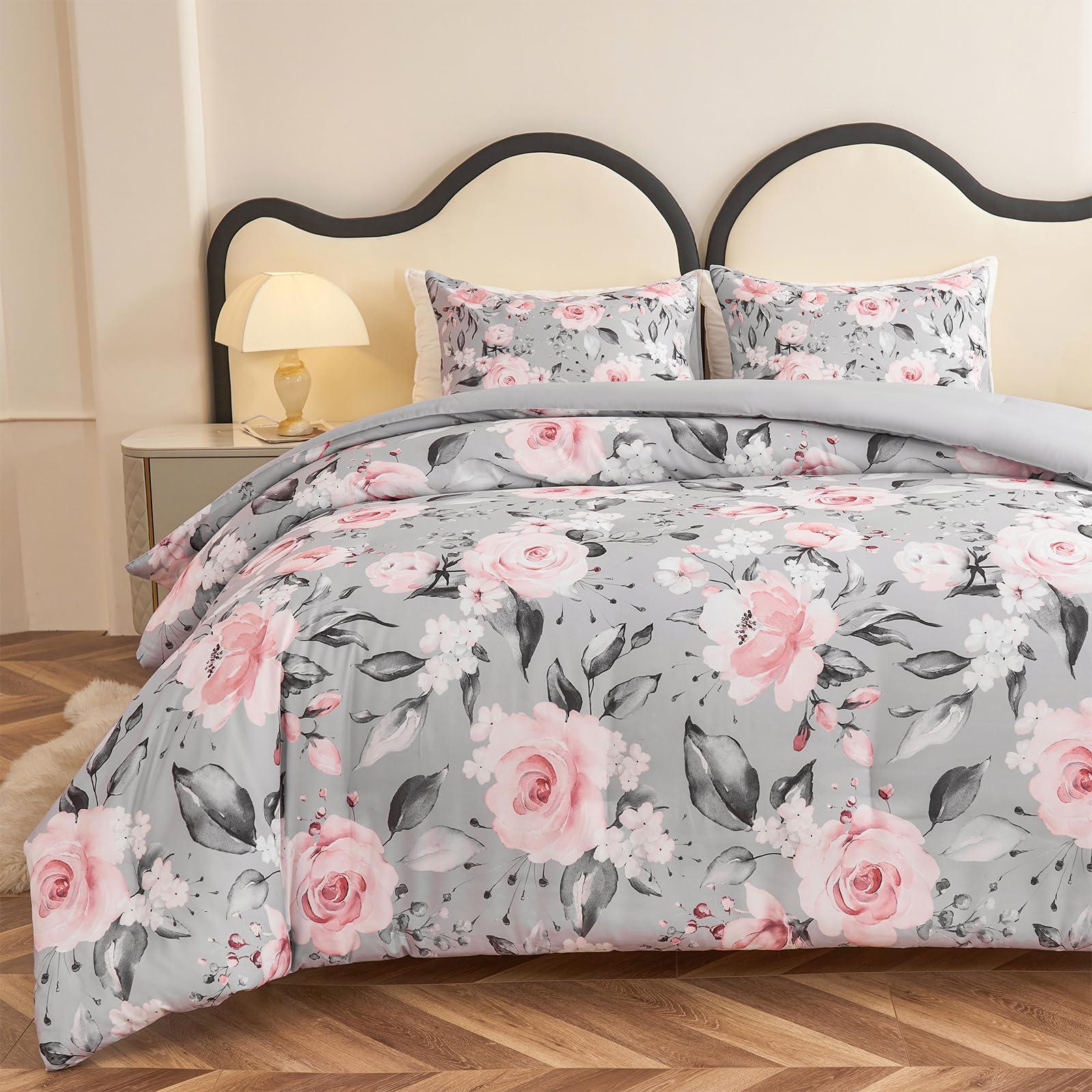 Koniroom Koniroom 3 Pieces Pink and Grey Comforter Set Queen Size, Floral Bedding Sets with Pink Flowers and Leaves Pattern for Women Teen Girls, Reversible All Season Comforter with 2 Pillow Shams