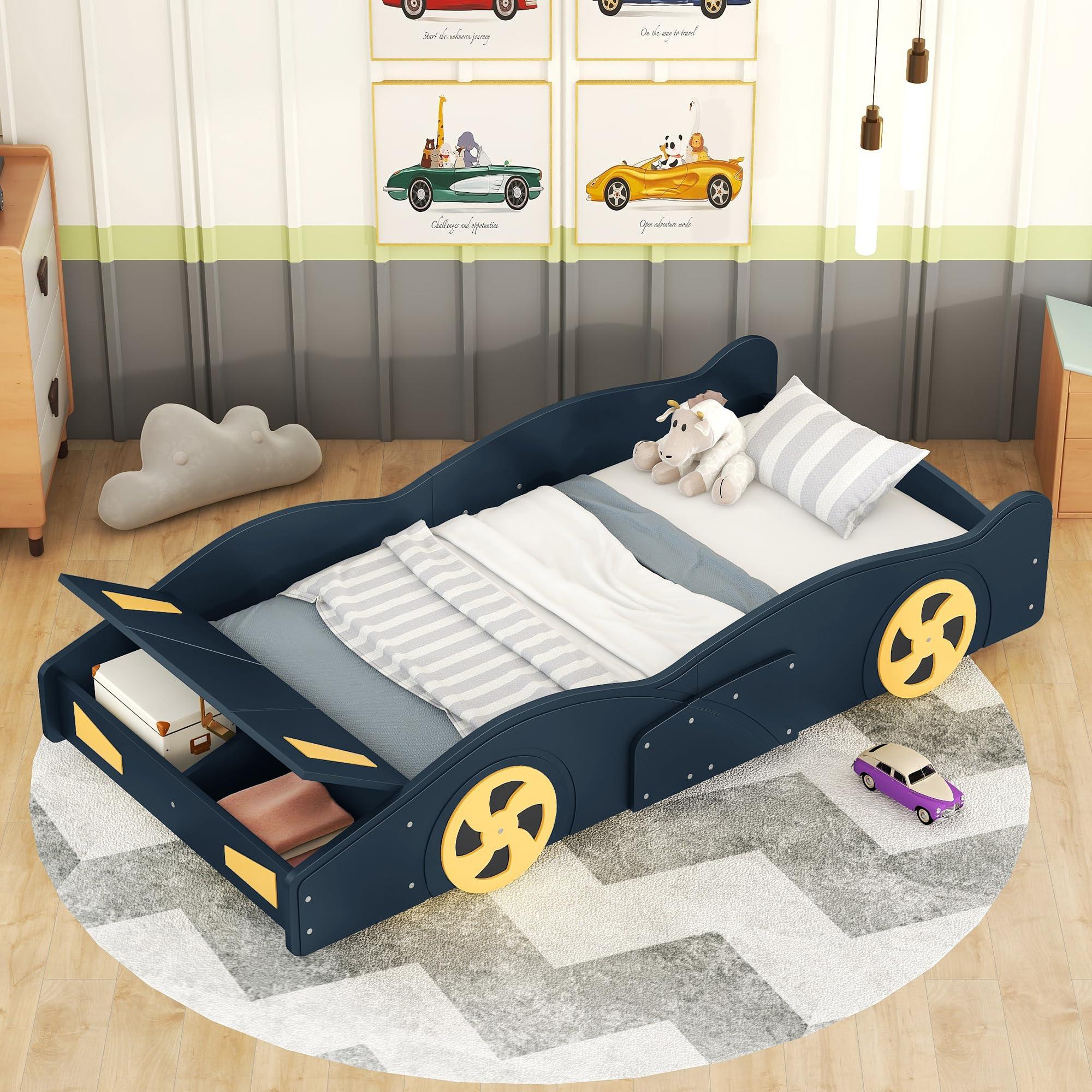 ACQCA ACQCA Twin Size Race Car Bed for Kids, Car-Shaped Bed Frame with Wheels and Storage Footboard for Boys, Wood Slats Support,No Box Spring Needed, Dark Blue+Yellow