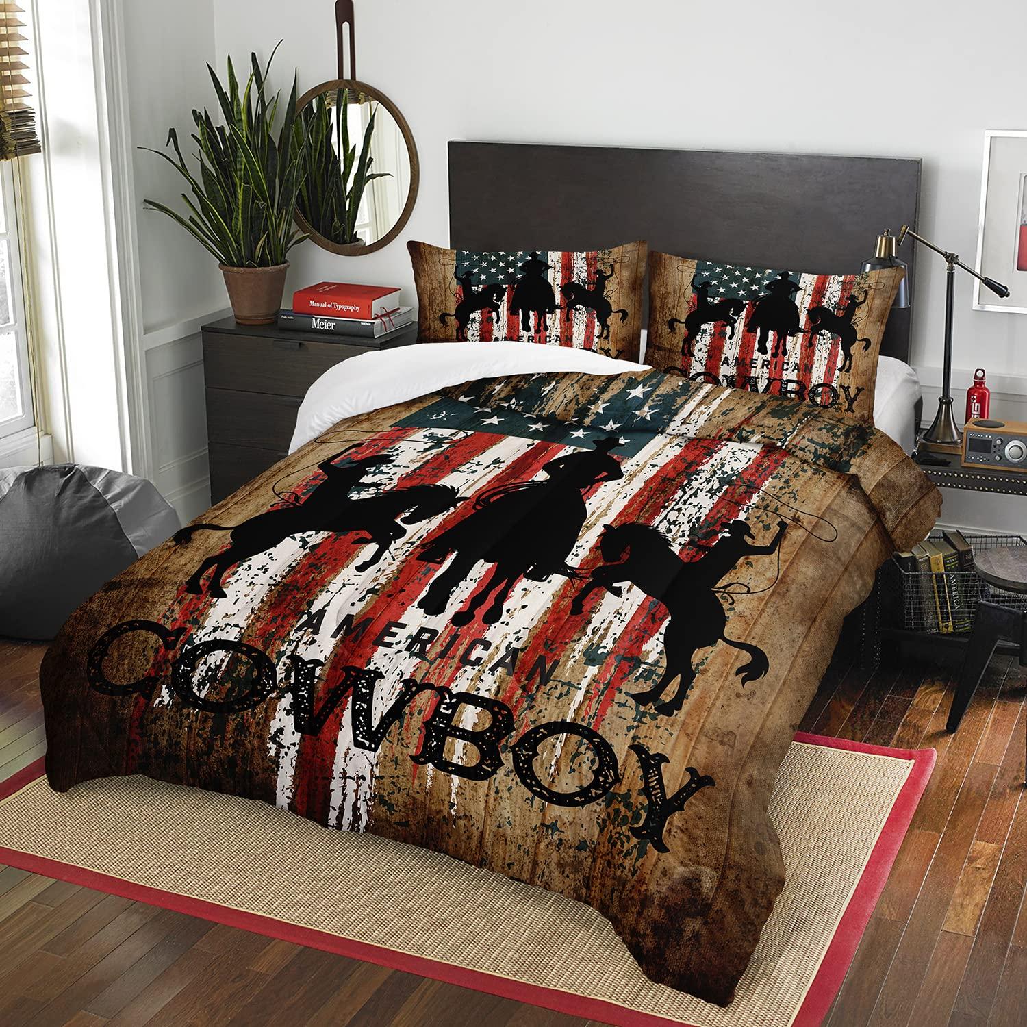AILONEN AILONEN Western Cowboy Comforter Set for Kids Boys Teens, Rodeo Cowboy Riding Bull with Old Ranching Rope Bedding Set Full Size United States Retro Country Style,3-Piece,1 Quilt and 2 Pillowcases