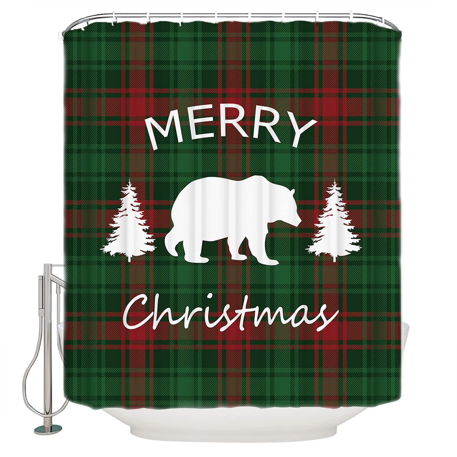 Prime Leader Christmas Shower Curtain for Bathroom Merry Christmas Bear and Tree Red Green Buffalo Plaid Waterproof Shower Curtain Set with 12 Hooks Washable Shower Curtains for Bathtubs Hotel 36\" x 72\"