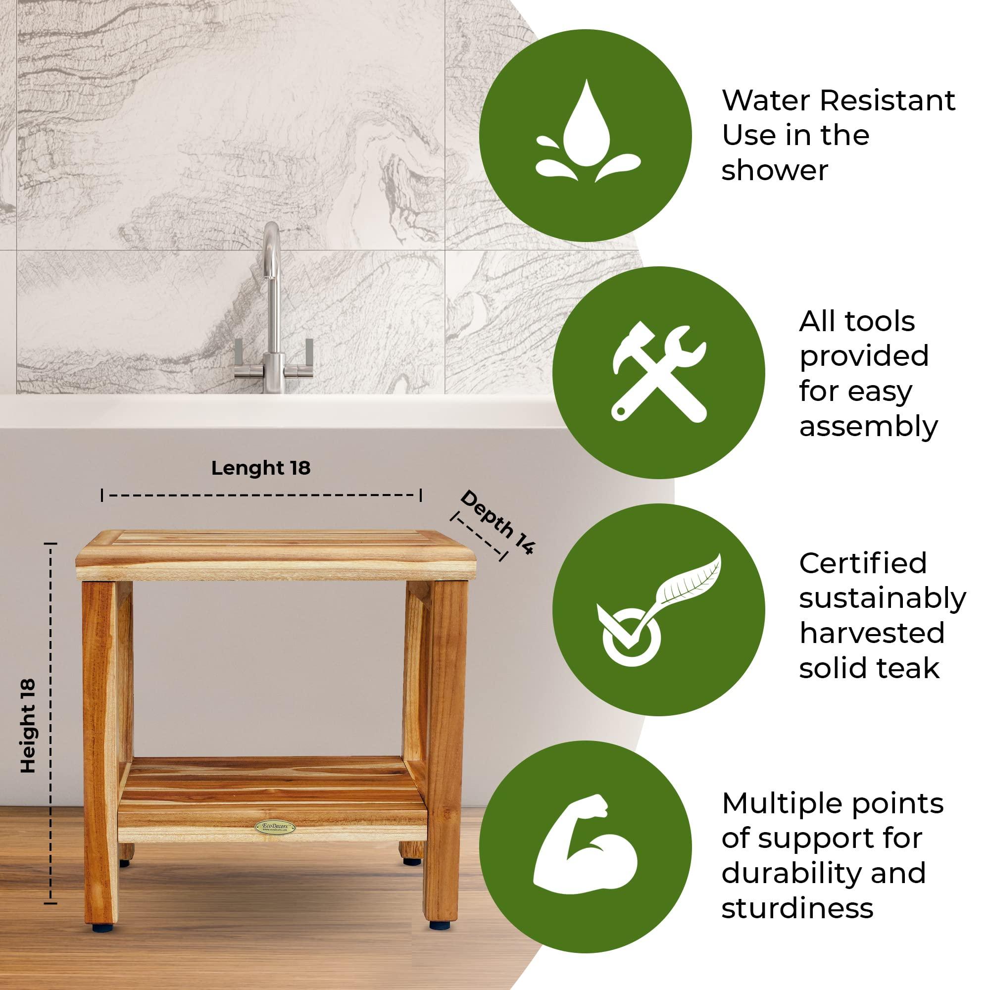EcoDecors EcoDecors 18 inch, Teak Shower Bench, Teak Shower Seat, Teak Bench for Shower, Teak Stool, Teak Shower Chair, Teak Shower Bench for Inside Shower, Teakwood Shower Bench