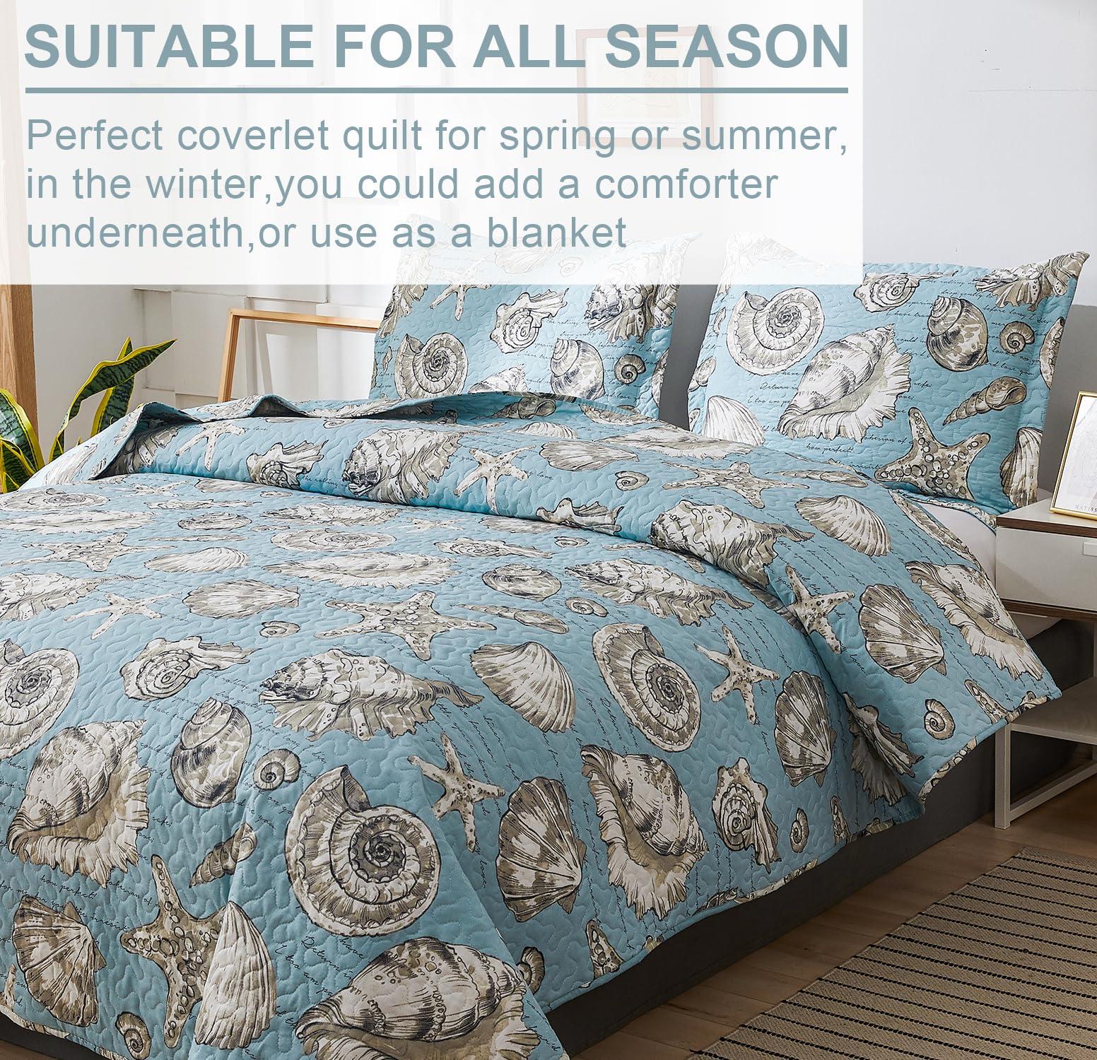 Ycosy Coastal Quilt Set Full/Queen Size Ocean Themed Bedding Summer Beach Quilts Set Lightweight Reversible Bedspread Coverlets Seashell Starfish Seaweed Bed Spread Soft Home Bed Cover with 2 Pillow Shams