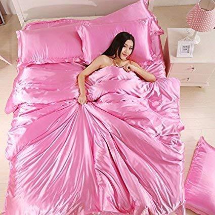 GEM BEDDING Angel\'s Bedding - Luxurious Ultra Soft Silky Satin 7-Piece Bed Sheet Set with Duvet Set Pink, Twin XL