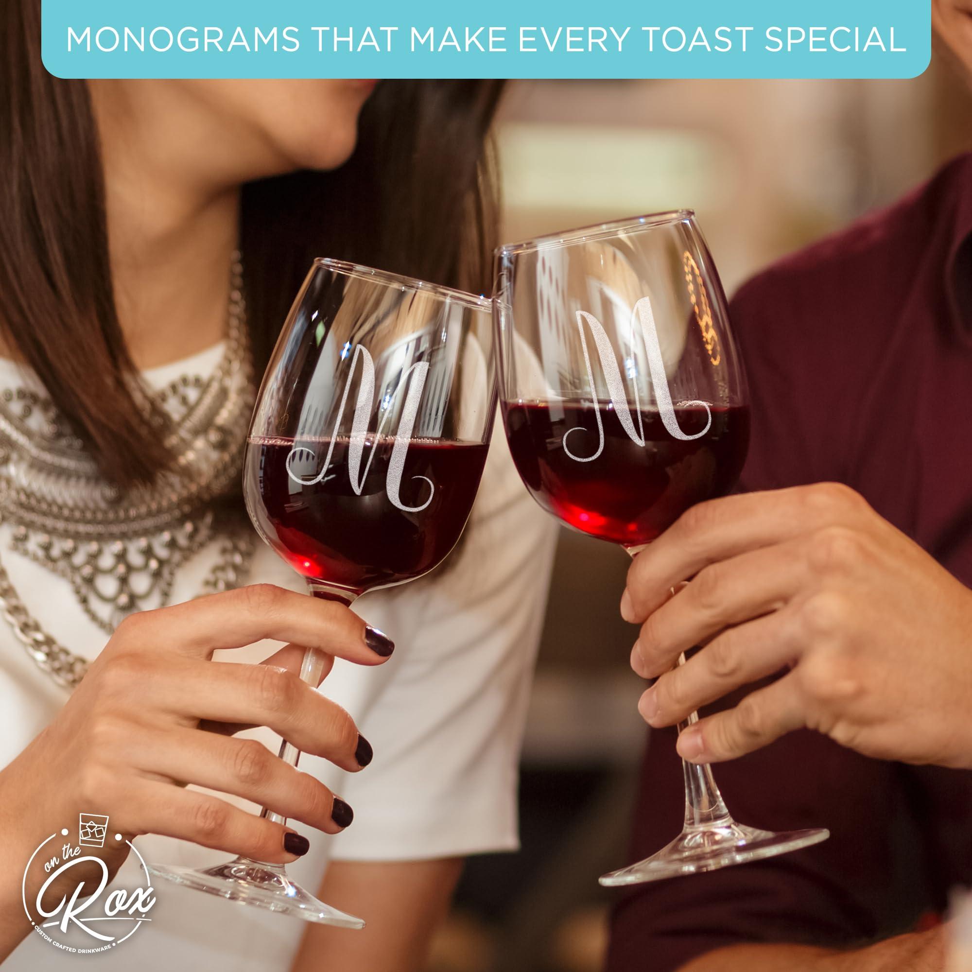 On The Rox Drinks Monogrammed A-Z Wine Gifts for Women - 12.75 oz Engraved Personalized Wine Glass- Funny Wine Lover Monogram Gifts for Women - Unique Wine Glasses Gift Set (M)