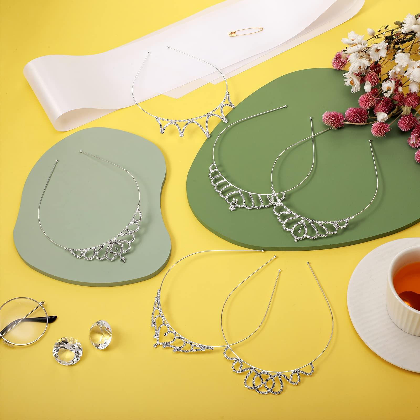 Juinte Juinte 12 Set Crown and Sashes Set Blank Satin Sashes for Pageants Rhinestone Prom Queen Tiara Crown White Blank Sash DIY for Birthday Wedding Beauty Pageant Prom Party Supplies(White, Silver)