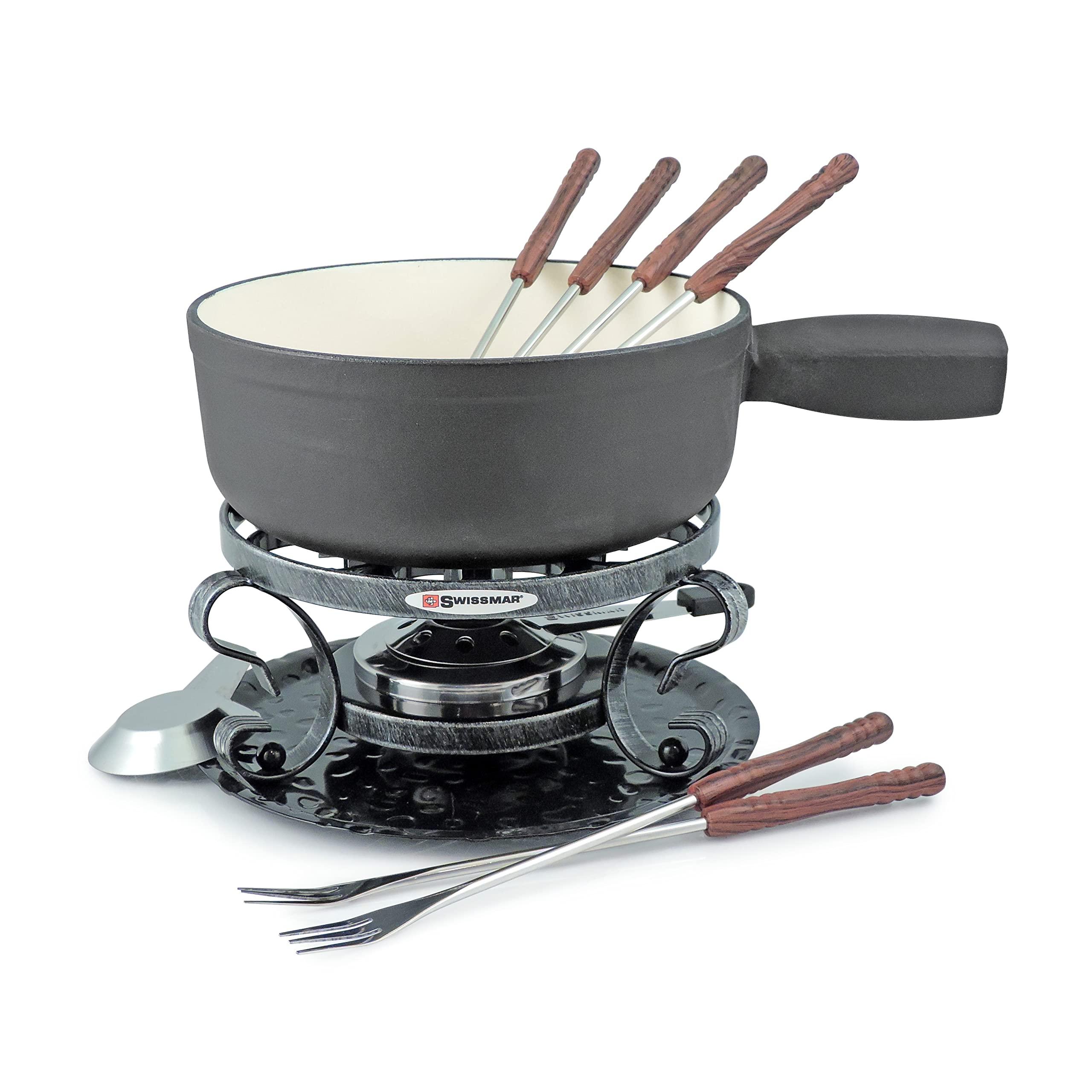 Swissmar Swissmar Lugano Cast Iron Cheese Fondue Set, 9-Piece, 2 QT / 2 L - Ideal for Melting Cheese, Chocolates, Caramel, & More - Perfect for Kitchen Collection & Gift Giving - Matte Black