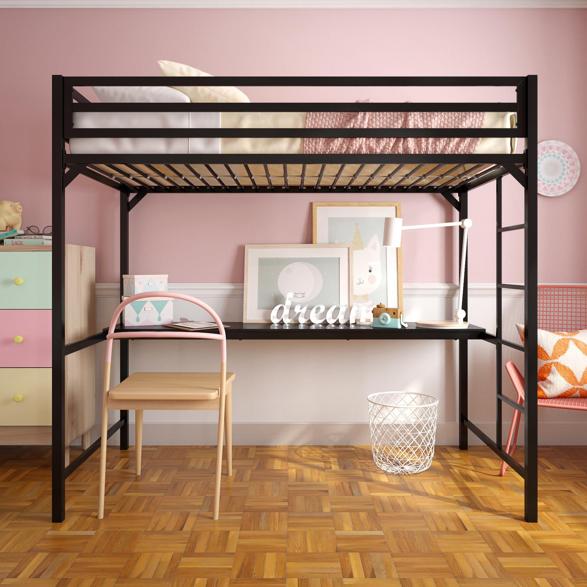 DHP DHP Miles Metal Twin Loft Bed with Desk, Black