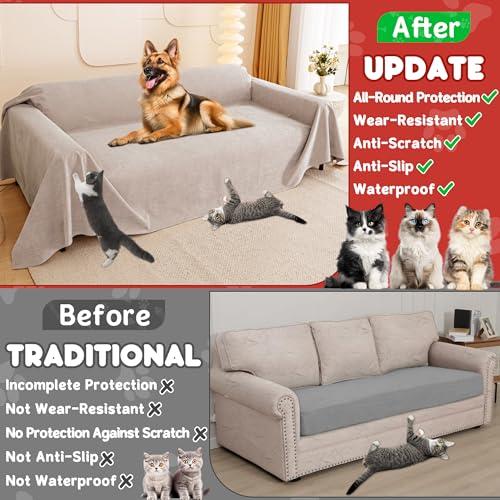 Loiion Cat Scratch Furniture Protector - Anti-Slip, Waterproof Sofa Cover to Keep Cats Off, Pet-Friendly Couch Protectors for 3 Cushion Couch, Khaki Anti-Scratch Couch Cover for Pets and Kids 134\"X71\"