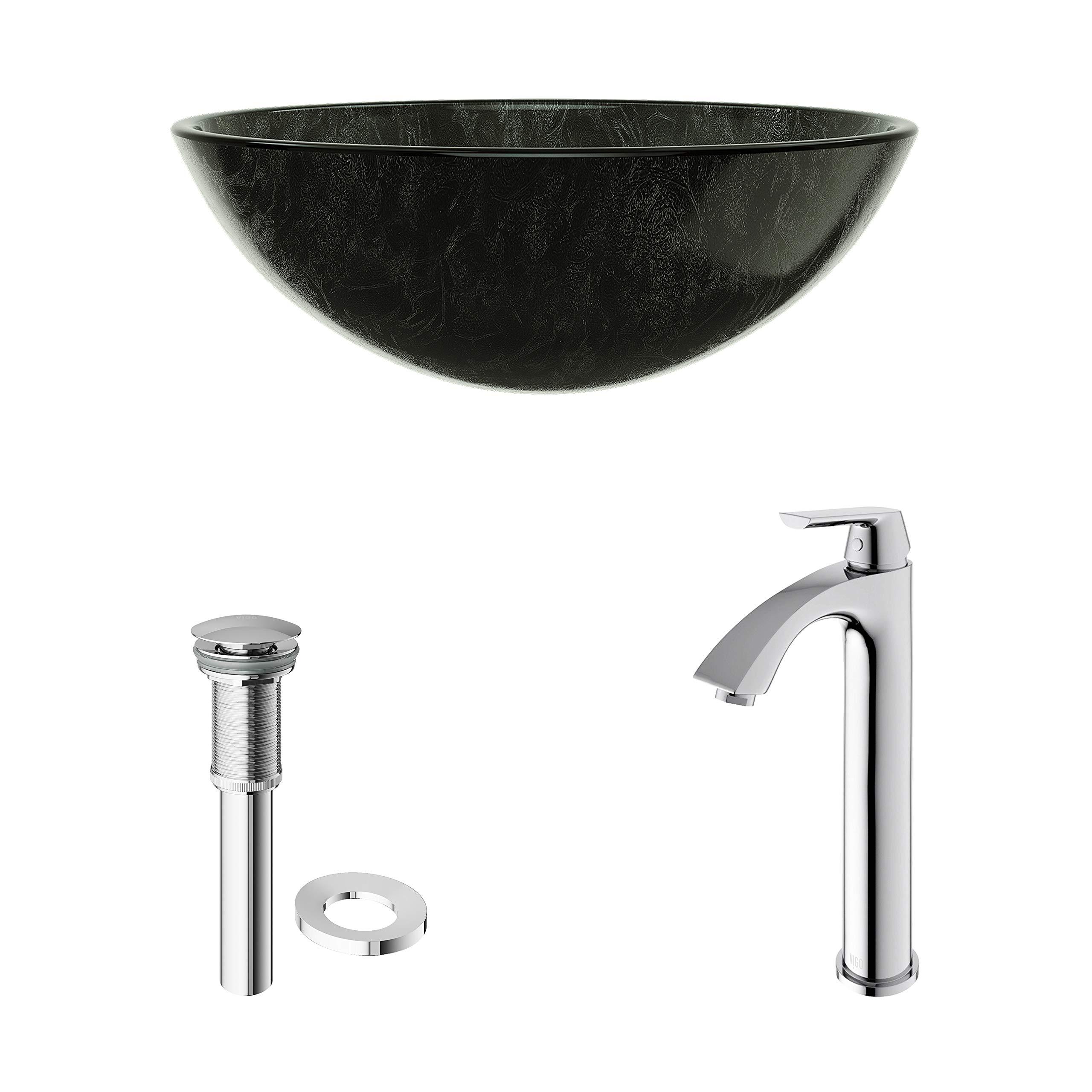 VIGO VIGO 17\" L -17\" W -12\" H Giovanni Glass Round Vessel Sink Set in Gray Onyx with Faucet and Drain -VGT830