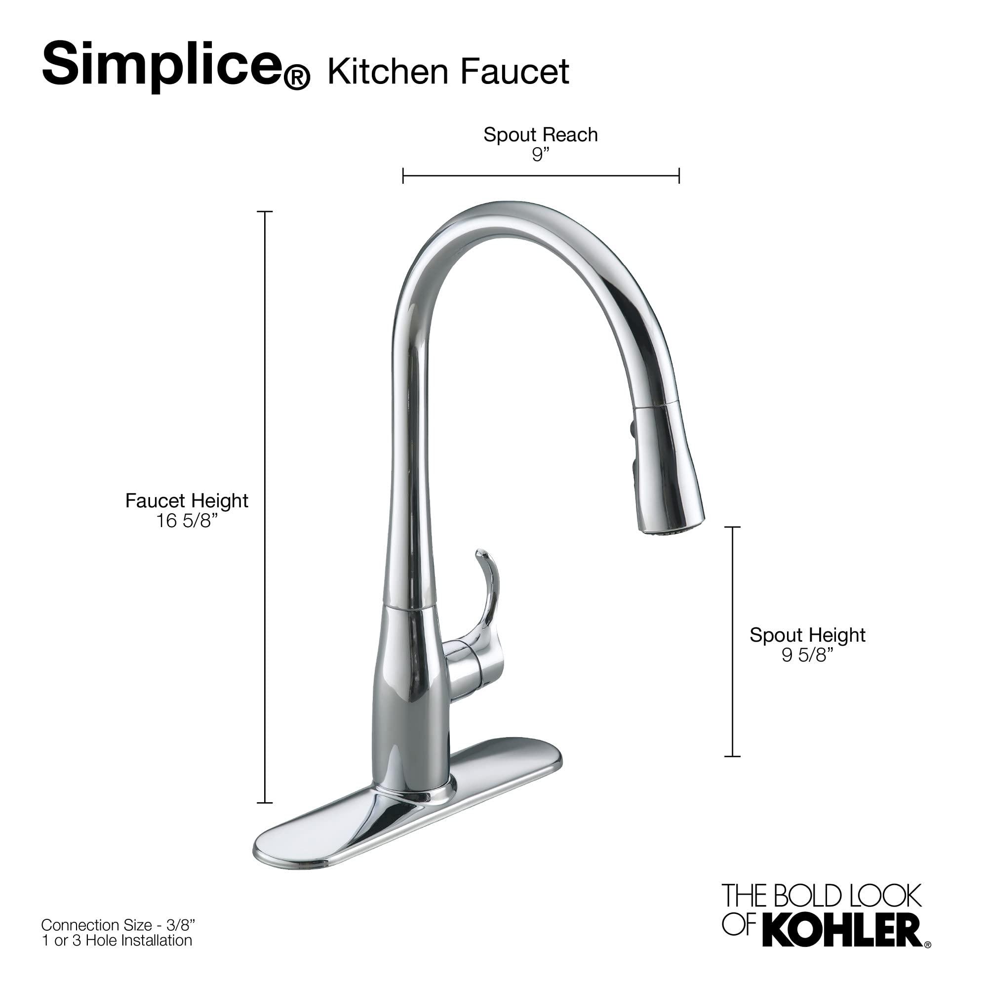 Kohler KOHLER Simplice Pull Down Kitchen Faucet, 3-Spray Faucet, Kitchen Sink Faucet with Pull Down Sprayer, Matte Black, K-596-BL