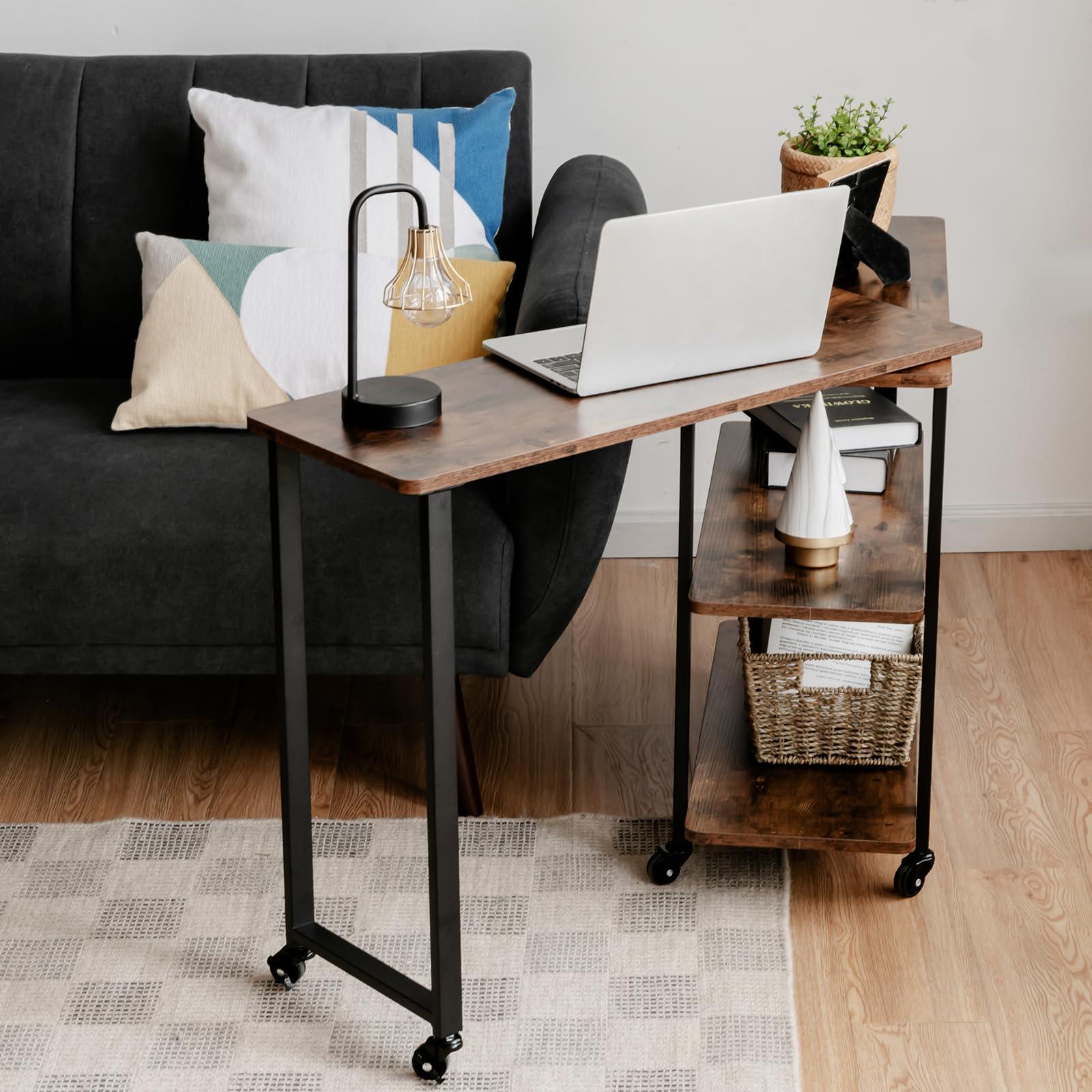 Tangkula Tangkula 360 Free Rotating Sofa Side Table, Patented Mobile Couch Desk with 2-Tier Storage Shelves, Movable Laptop Table with Sturdy Metal Frame, Couch Table Snack Table for Home Office