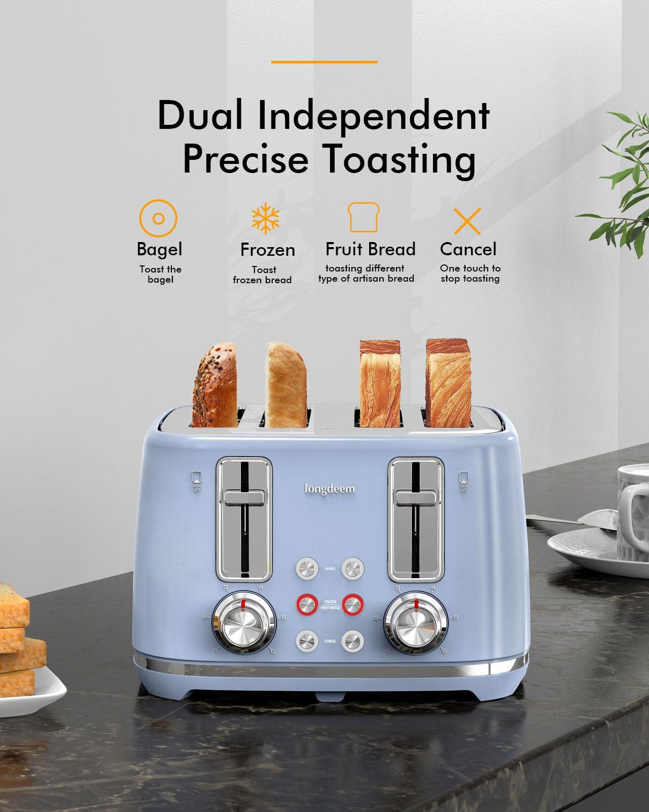 LONGDEEM LONGDEEM Toaster 4-Slice, Retro-Styled Stainless Steel, Wide Slot Bagel Toaster, Dual Independent Controls, Removable Crumb Tray, Easy to Clean, 6 Shade Settings, Reheat & Defrost, Blue