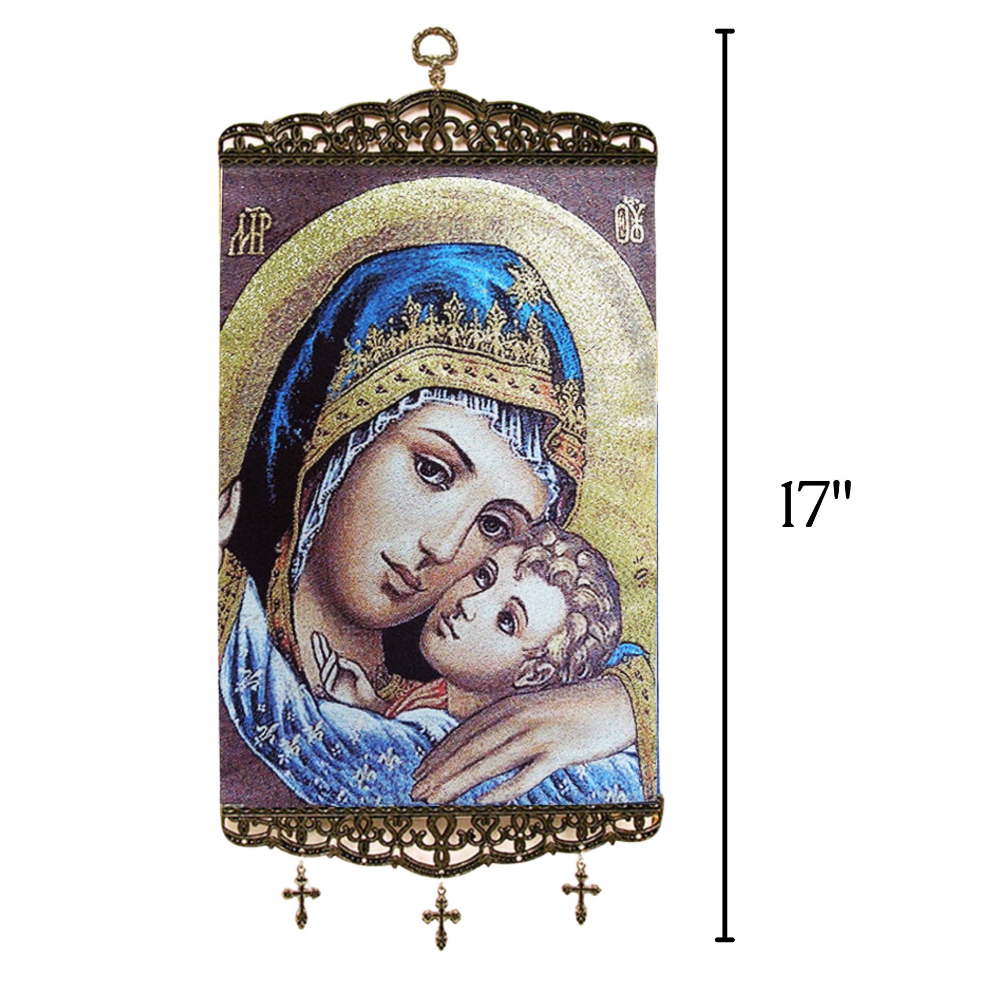 Needzo Sweet Kissing Madonna & Child Tapestry Icon Banner with Crosses - 17 x 8 Inches