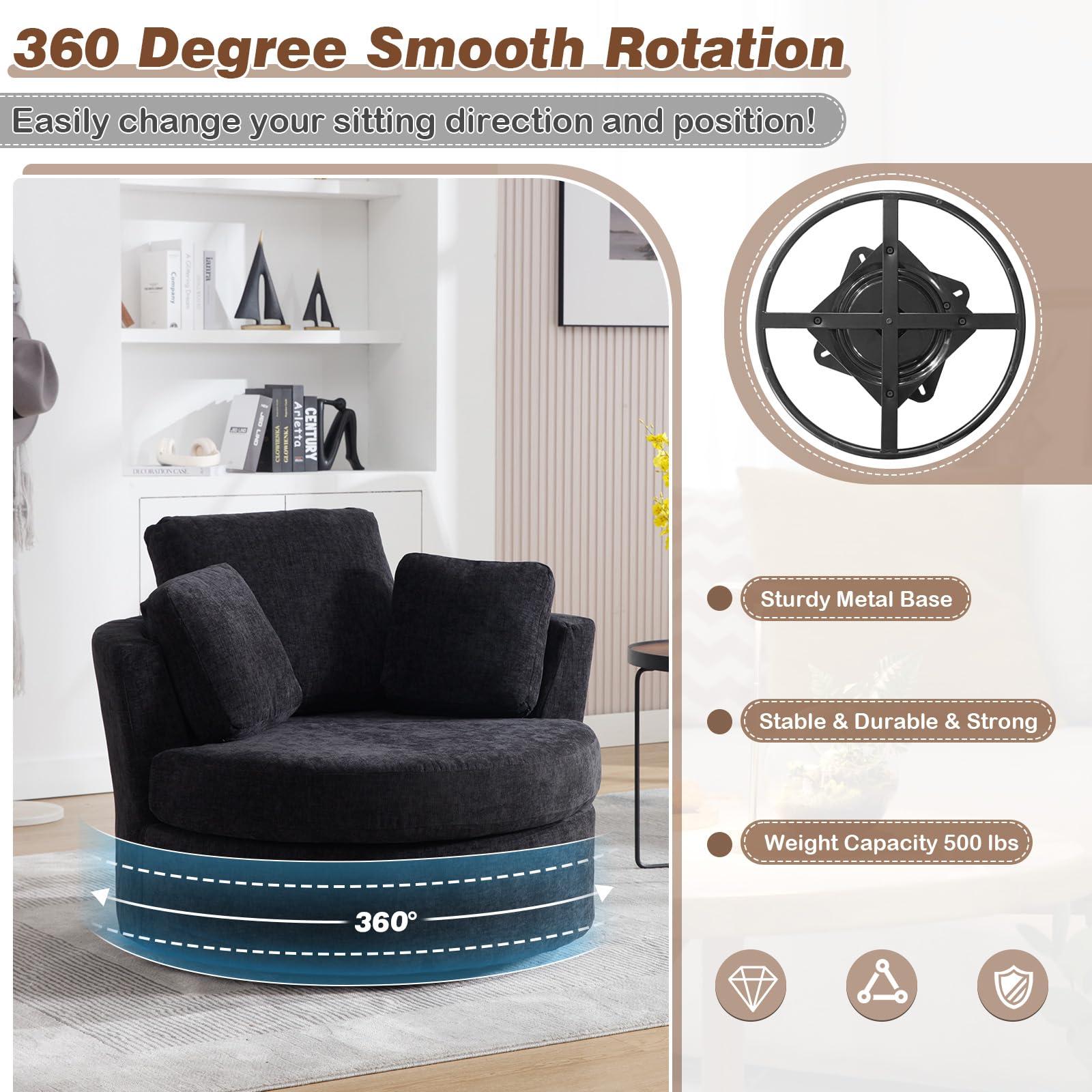 GEEVIVO 42\"W Oversized Swivel Accent Chair with Half Moon Storage Ottoman,360 Degree Chenille Swivel Barrel Chair,Comfy Upholstered Round Swivel Chair,Modern Reading Sofa Arm Chair for Living Room,Club(Black)