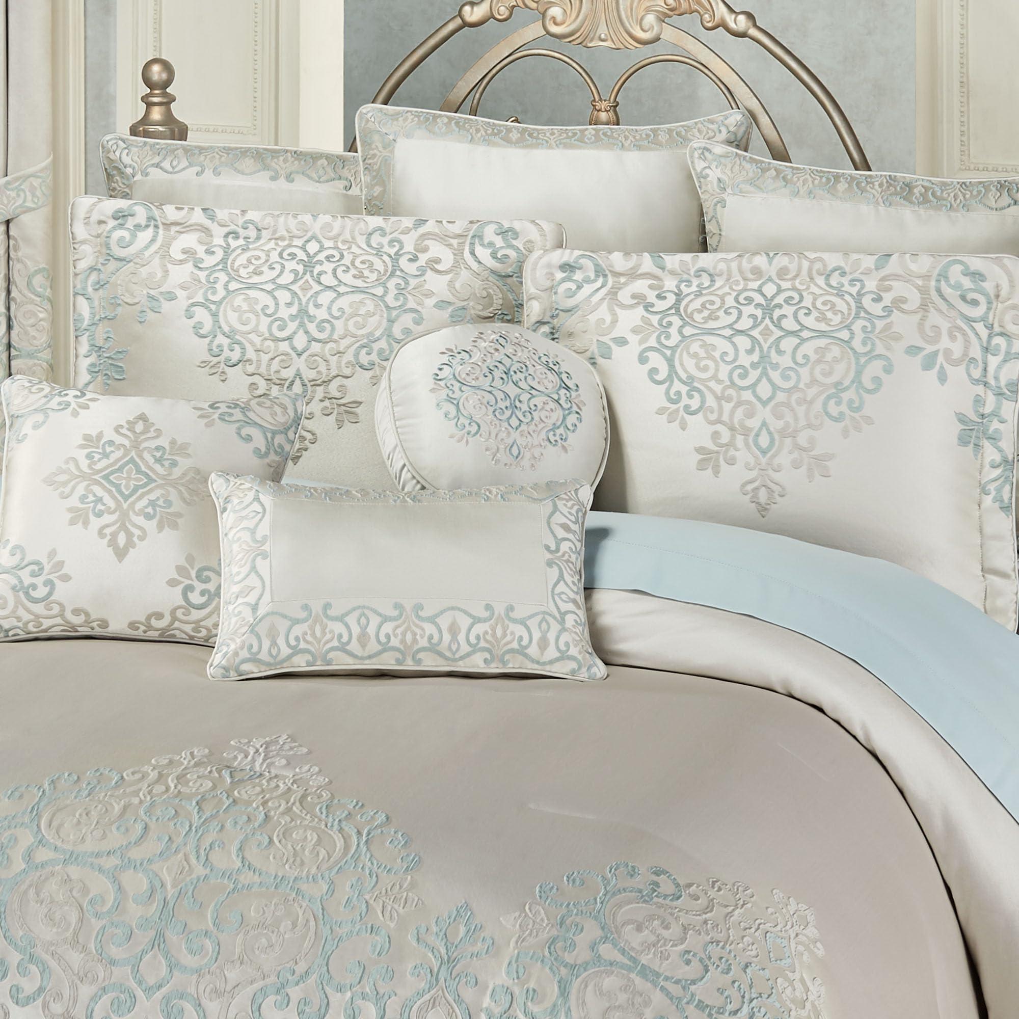 J. Queen New York J. Queen New York Luxurious Avalon Bedding | Sophisticated Jacquard Woven Scroll | Oyster Spa Silver Gray | 7 Piece Set: King Comforter, 2 King Shams, Bedskirt, and 3 Decorative Pillows
