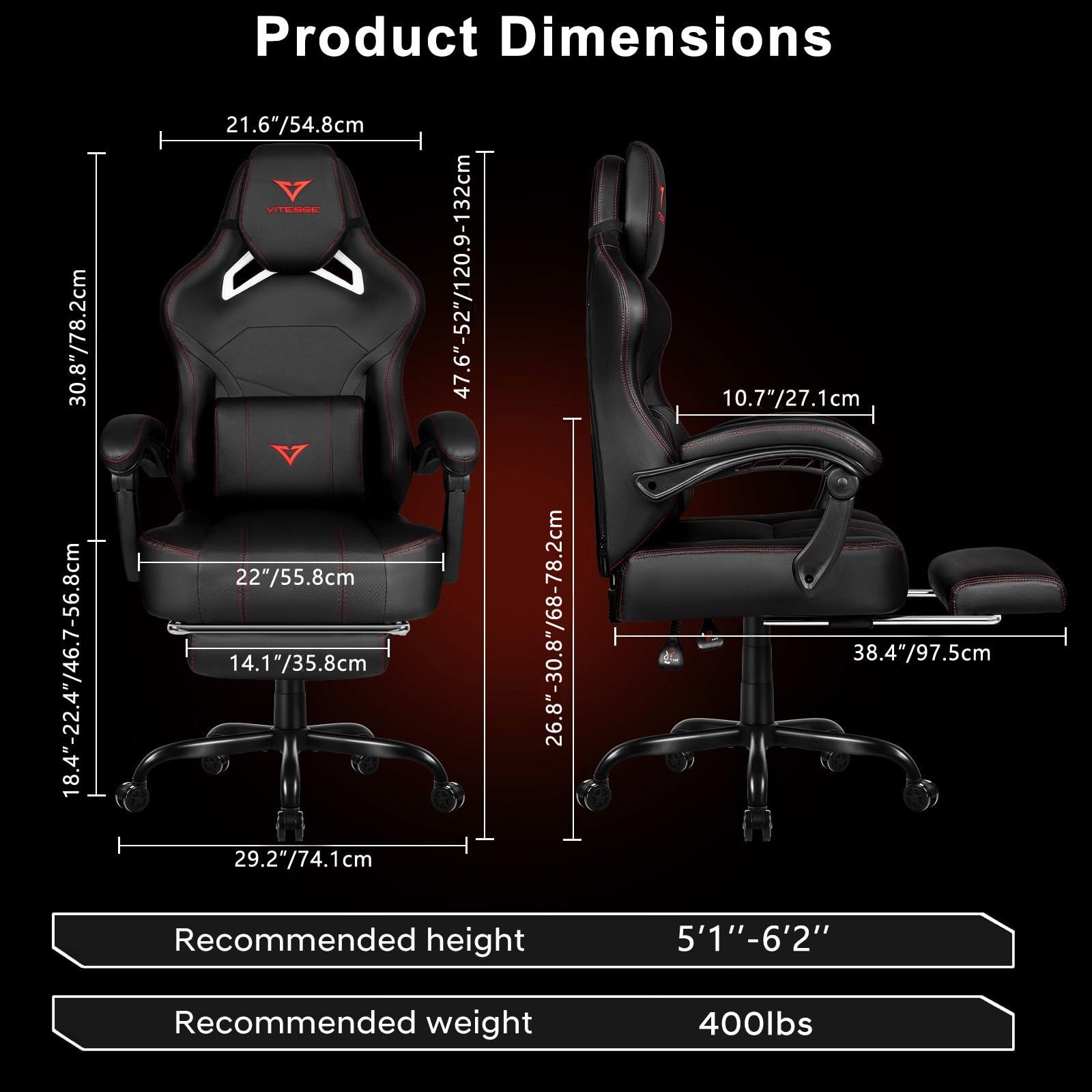 VITESSE VITESSE Big and Tall Gaming Chair 400lb Weight Capacity with Footrest, Ergonomic Video Game Chair for Adults with Oversized Headrest and Lumbar Pillow, Computer Chair Gaming for Office (Black+Red)
