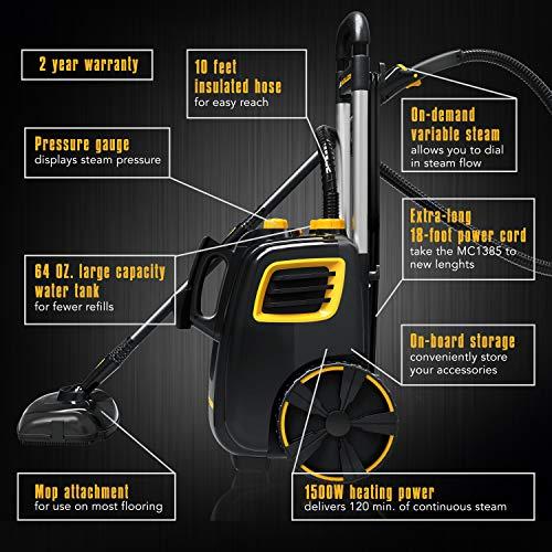 McCULLOCH McCulloch MC1385 Deluxe Canister Steam Cleaner with 23 Accessories, Chemical-Free Pressurized Cleaning for Most Floors, Counters, Appliances, Windows, Autos, and More, 1-(Pack), Black