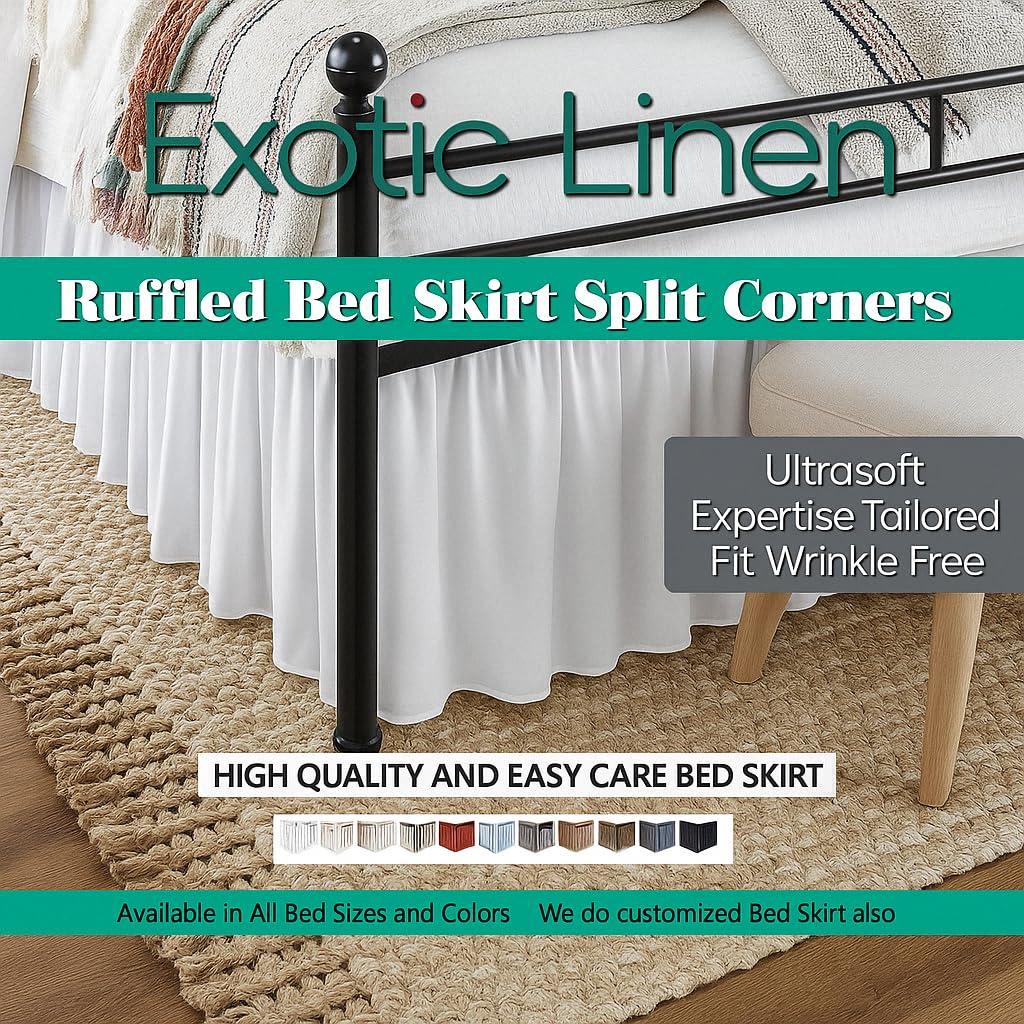 Exotic Linen Ruffled Bed Skirt Split Corners Ultrasoft Poly Cotton/Microfiber Upto 24\" Drop Expertise Tailored Fit Wrinkle Free Bed Skirt Dust Ruffle (Full XL-Ivory)(Available in All Bed Sizes and 10 Colors)