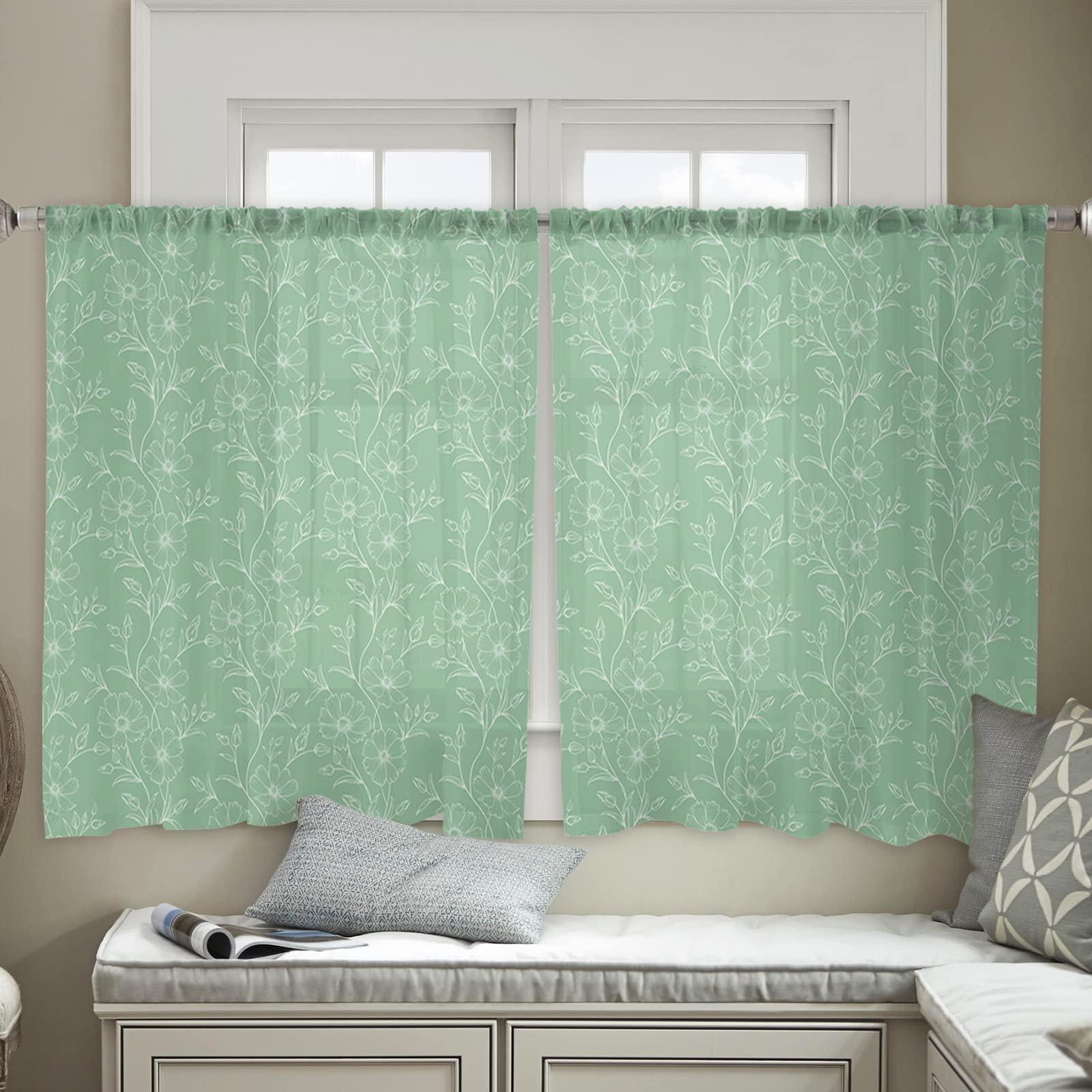 Yomandocix Yomandocix Semi Sheer Curtains 54 Inch Length, White Lines Flowers Leaves Sheer Kitchen Curtain Privacy Voile Window Curtain for Living Room Bedroom Rod Pocket Drapes Rustic Floral Green Backdrop