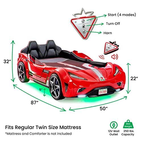 Cilek Cilek GTS EV Twin Race Car Bed, Remote Control, LED Lights, EV Sound FX, Vegan Leather Interior, License Plate, Red