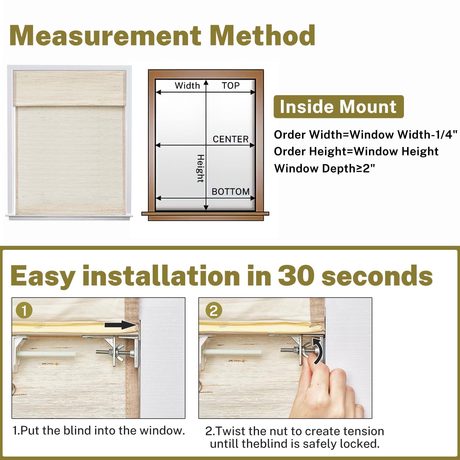 moonice Moonice No Tools No Drill Cordless Roman Shades for Window Blackout, Natural Woven Fabric Privacy Room Darkening Blinds, Thermal Insulated Easy Install Roman Blind Window Blinds Treatment, Awlmond
