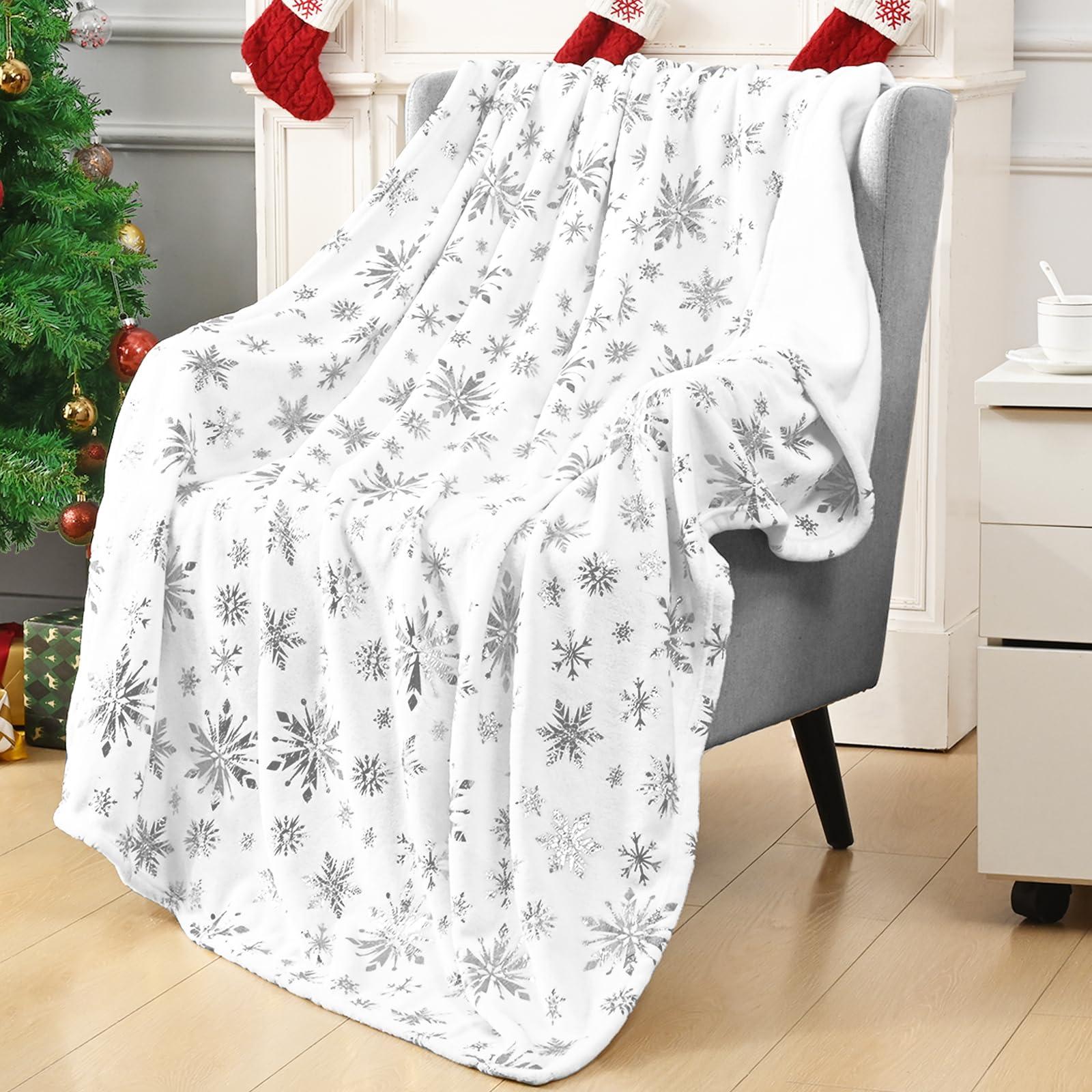 FRAMICS Merry Christmas Throw Blanket, Silver Snowflake Foil Print Throw Blankets, White Winter Fluffy Fleece Blanket for Couch Warm Bed Napping Flannel Blanket for Sofa Bedroom Gift Xmas Decor, 50\" x 60\"