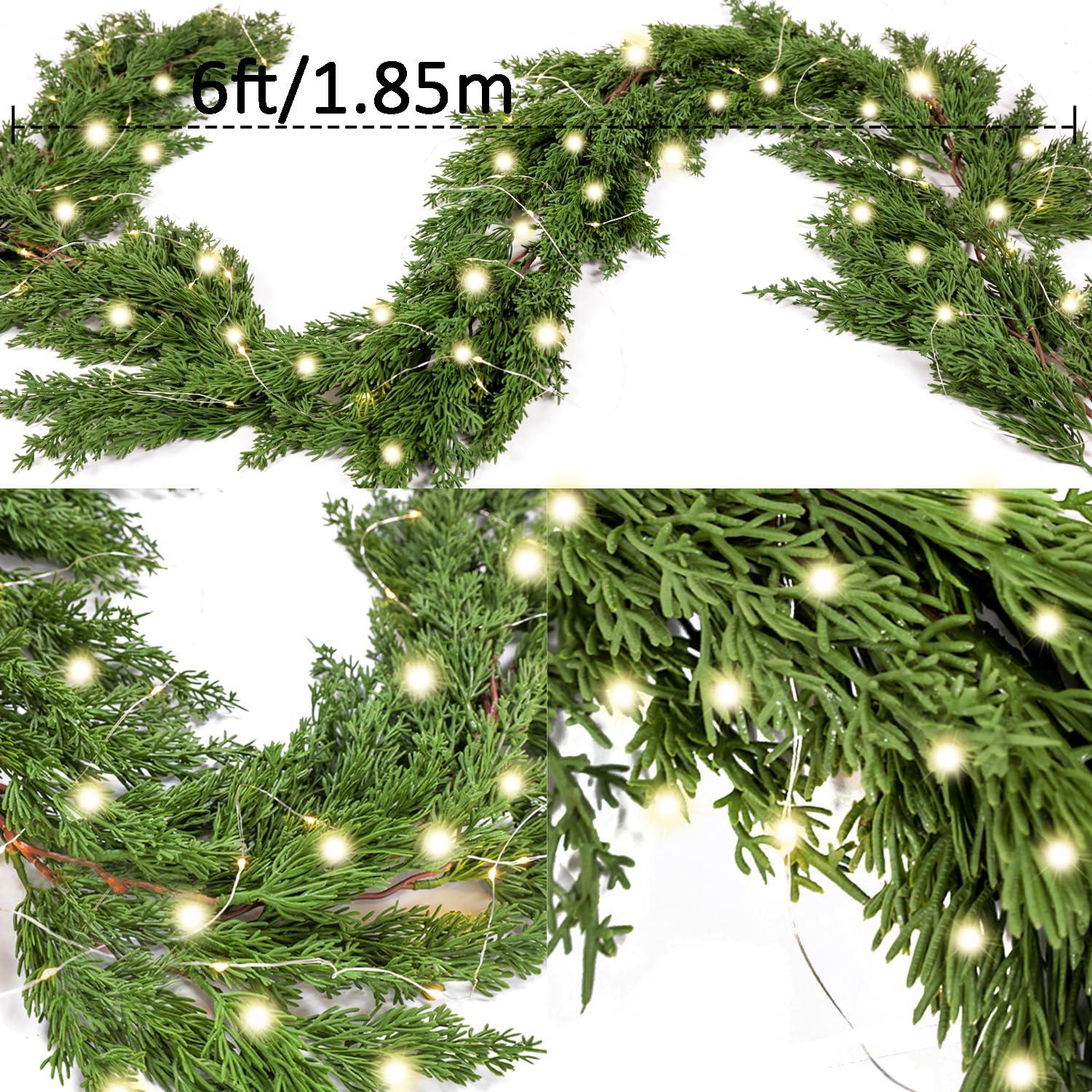 PARTY JOY 6FT PARTY JOY Seasonal Artificial Christmas Garland with Lights Pine Needle Cypress Garland for Holiday Winter Indoor Outdoor Decor