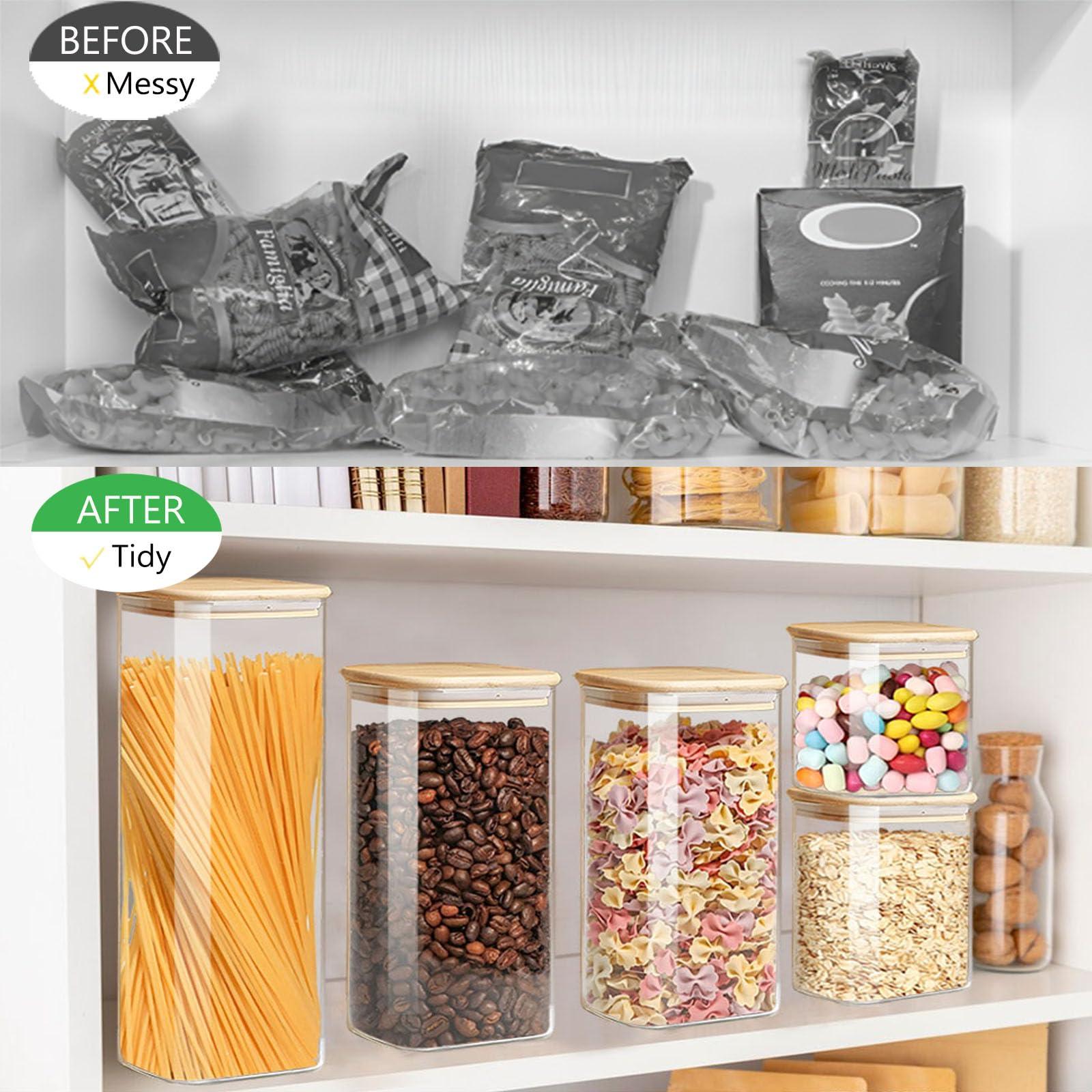 VIEWELLD VIEWELLD Food Storage Containers with Airtight Bamboo Lids Set of 5, Glass Canisters with Airtight Lids, Glass Food Storage Containers for Pasta, Oats, Coffee, Flour, Sugar, Best for Kitchen, Square