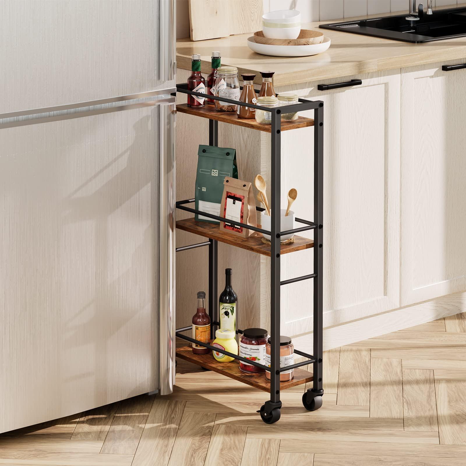 MAHANCRIS MAHANCRIS Slim Rolling Cart, Mobile Kitchen Cart on Wheels, Narrow Storage Cart for Small Space, Wooden Service Cart, for Bathroom, Laundry, Living Room, Rustic Brown RCHR1501Z