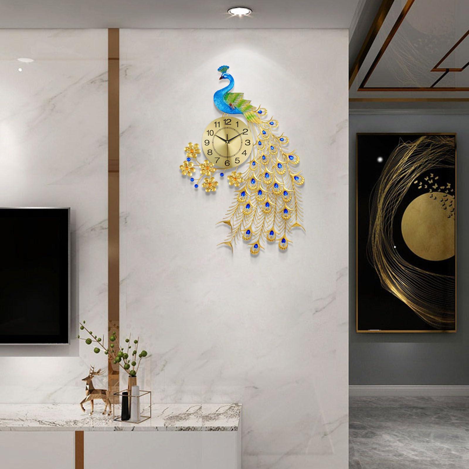 EURSON EURSON Large Peacock Wall Clock 31.5 inch Metal Design Non-Ticking Silent Art Digital Wall Clocks for Living Room Decor Gold