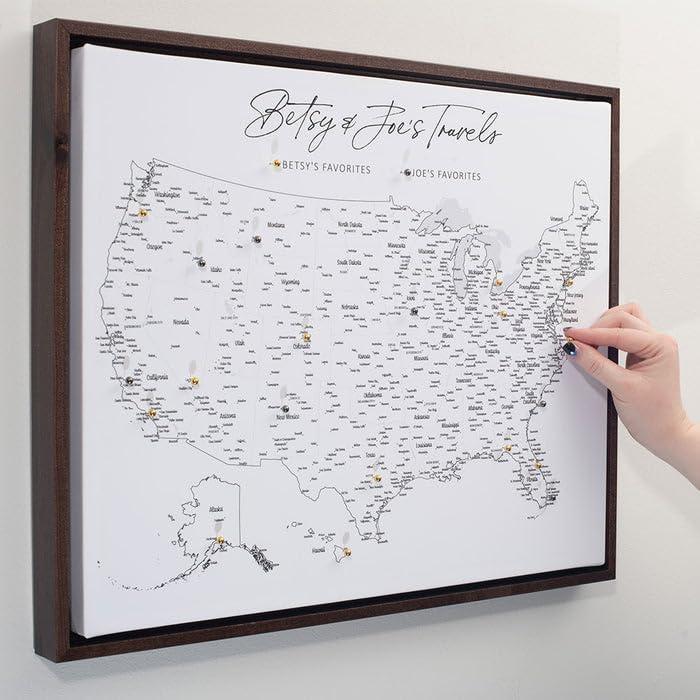 Conquest Maps Mini USA Push Pin Travel Map Cork Board with Pins, Custom Text or Message, Perfect Gift for Travelers, Cherish Travels with a Handmade Unique Canvas Pinnable Map, Fine Line Style (20\" x 16\")
