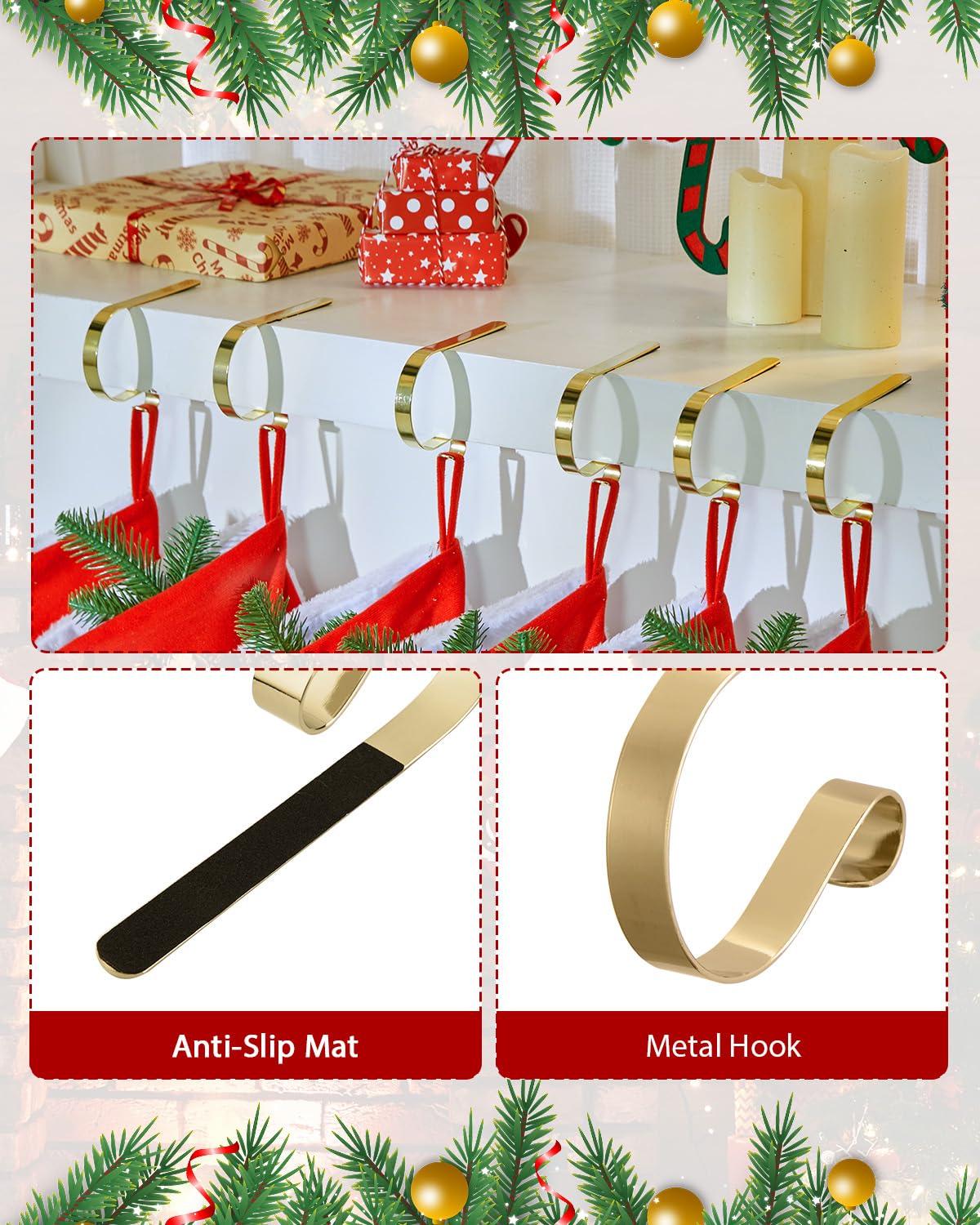Minetom Christmas Stocking Holders for Mantle Set of 6, Non-Slip Adjustable Mantle Stocking Holders, Mantle Fireplace Stocking Hooks, Fireplace Stocking Hangers Set for Party Christmas Decorations, Gold