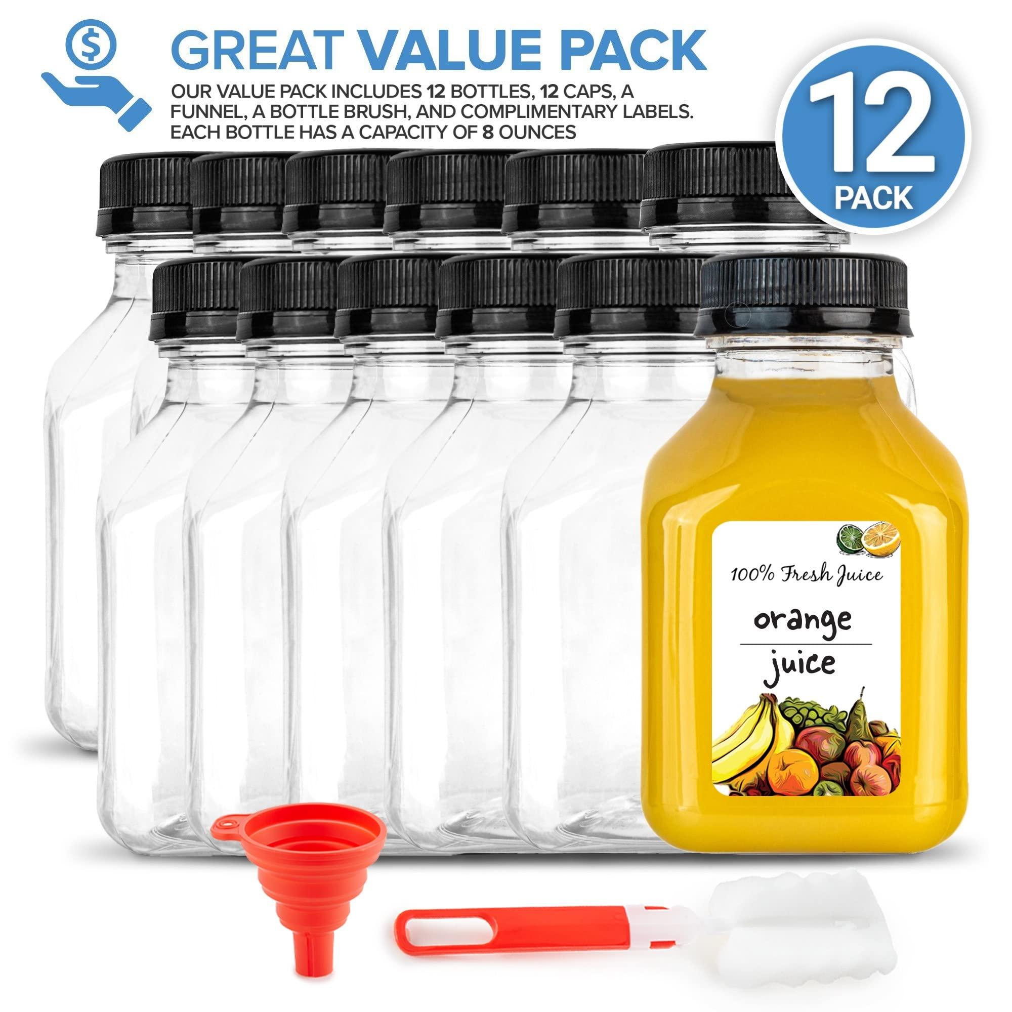 Stock Your Home 8 oz Juice Bottles with Caps for Juicing (12 pack) - Reusable Clear Empty Plastic Bottles - 8 Oz Drink Containers for Mini Fridge, Juicer Shots - Mini Water Bottles - Includes Labels, Brush & Funnel