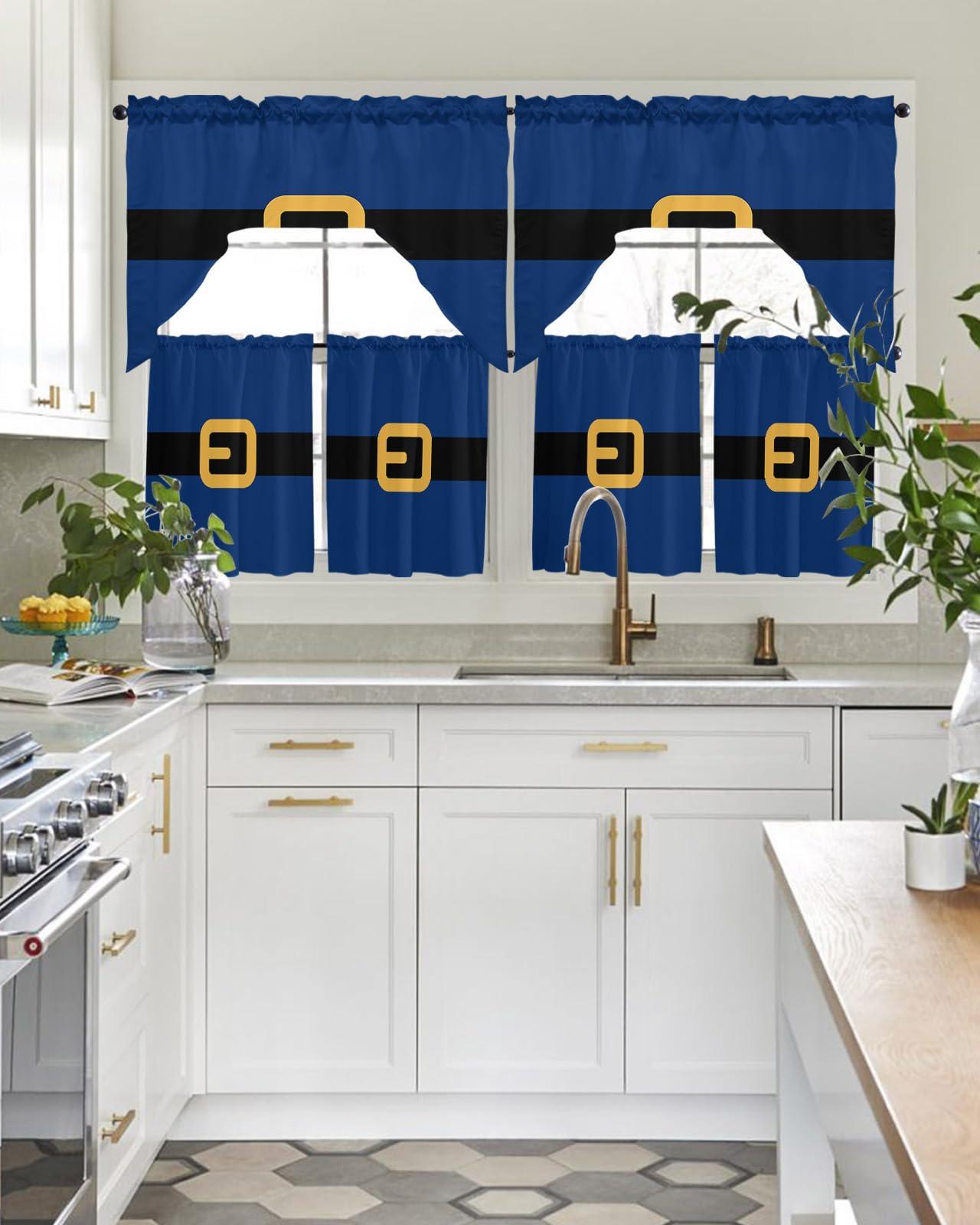 AMZRicher AMZRicher Santa Claus Belt Kitchen Curtains Swag Valance and Tier Curtains Set 36 Inch Length, Merry Christmas Navy Blue Rod Pocket Drape Panels Pair Swag Curtains for Bathroom/Cafe/Window