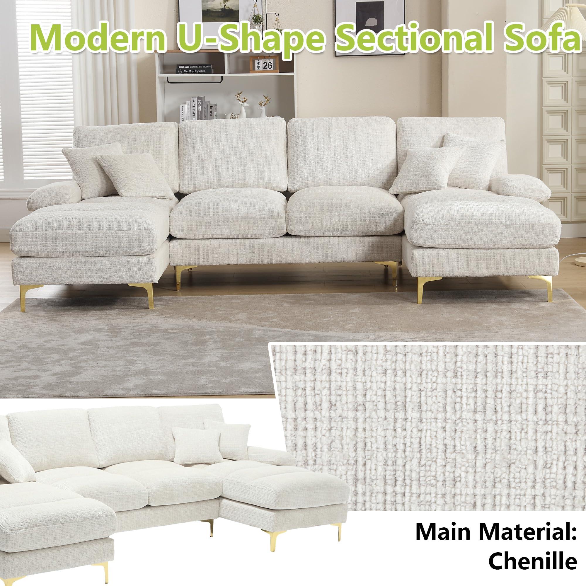 STLVUEO STLVUEO U-Shape Modular Sectional Sofa Chenille Fabric, 4-Seater Living Room Couch with Double Extra-Wide Chaise Lounge, Reversible Sleeper Sofa with Throw Pillows - 114.17" for Living Room, Beige