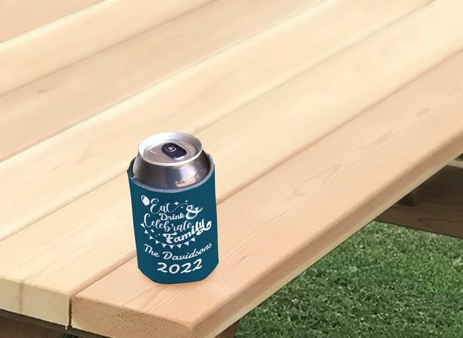 Personalized Gifts Custom Family Reunion Gifts Personalized Eat Drink Celebrate Family 6-Pack Personalized Ultra Slim Drink Sleeves Dark Teal