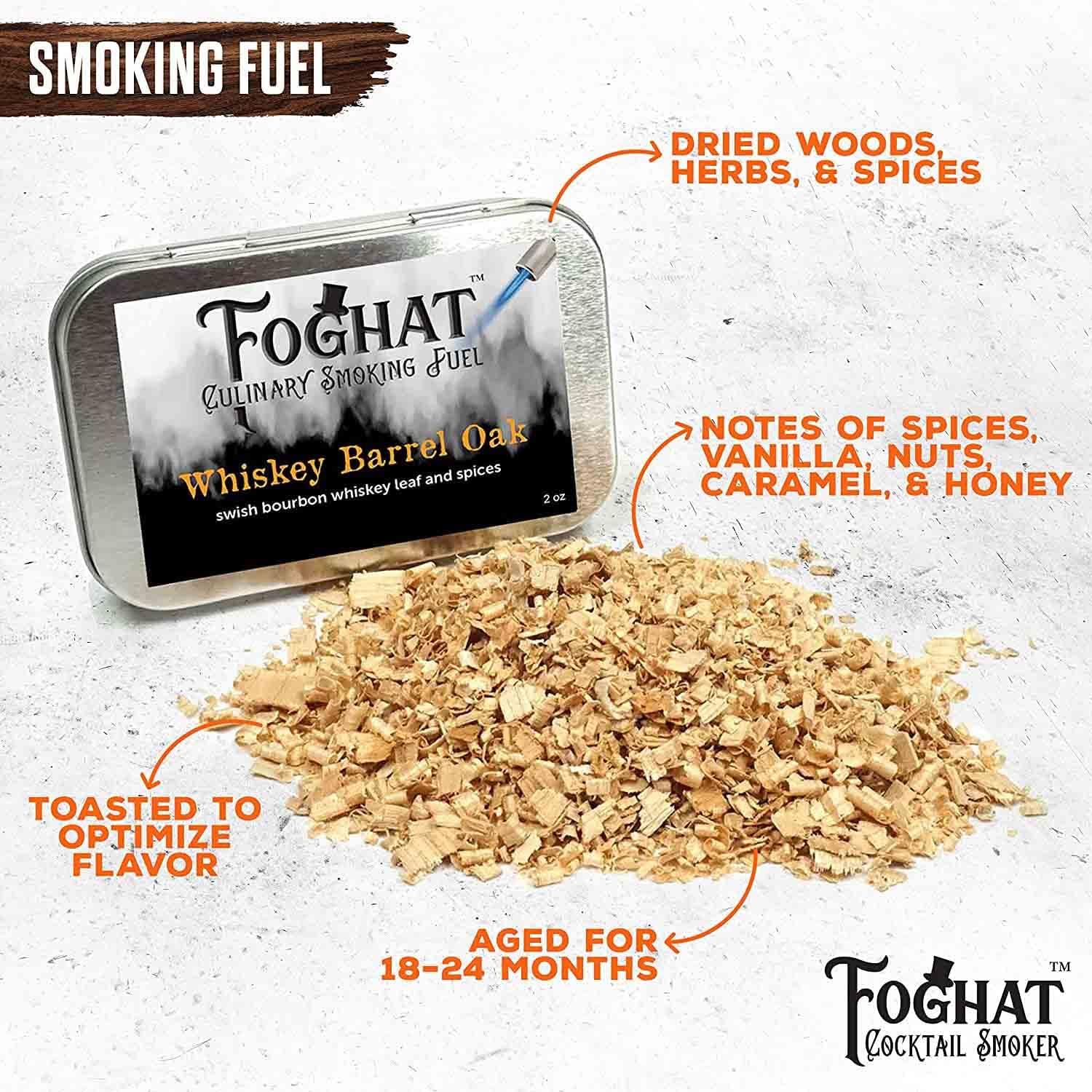 FOGHAT COCKTAIL SMOKER The Foghat Cocktail Smoker and Manhattan Smoked Cocktail Kit with Torch and Butane Refill 60ml - Bourbon Barrel Oak Wood Chips and 5 Singlez Bar Manhattan Mixer Packets - Whiskey Smoker Kit For Drinks