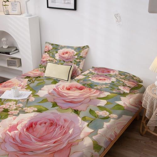GEDAEUBA GEDAEUBA Pink Rose Sheets Full Size - Floral Bed Sheets for Kids Boys Girls, Botanical Sheet Set, Soft Microfiber & Deep Pocket & Wrinkle Free Fitted Sheet, Flat Sheet and Pillow Cases