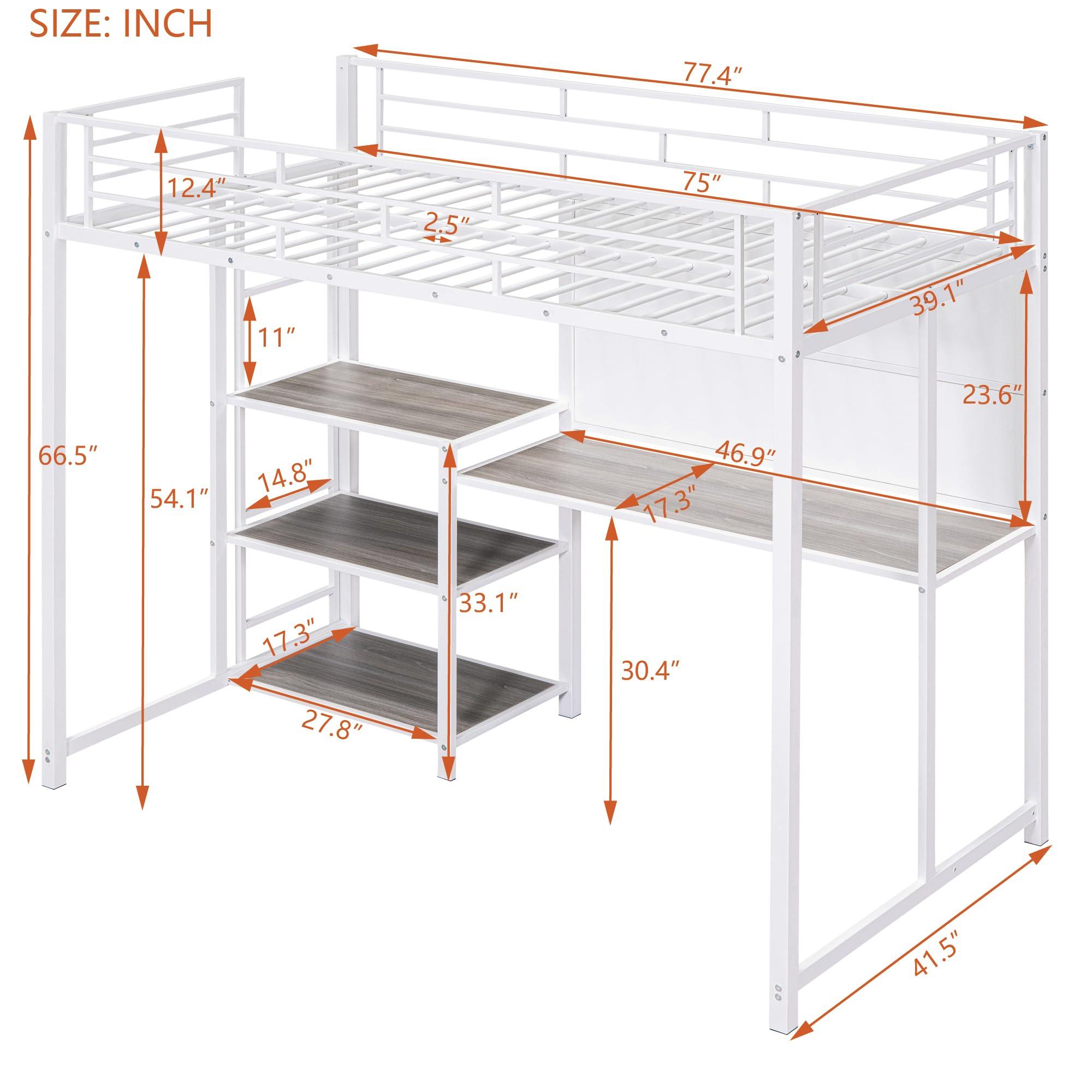 VilroCaz VilroCaz Twin Size Loft Bed with Desk and Whiteboard, Heavy Duty Metal Loft Bed Frame with 3 Shelves and Full-Length Guardrail for Bedroom Guest Room Apartment, Maximized Space (at-White)